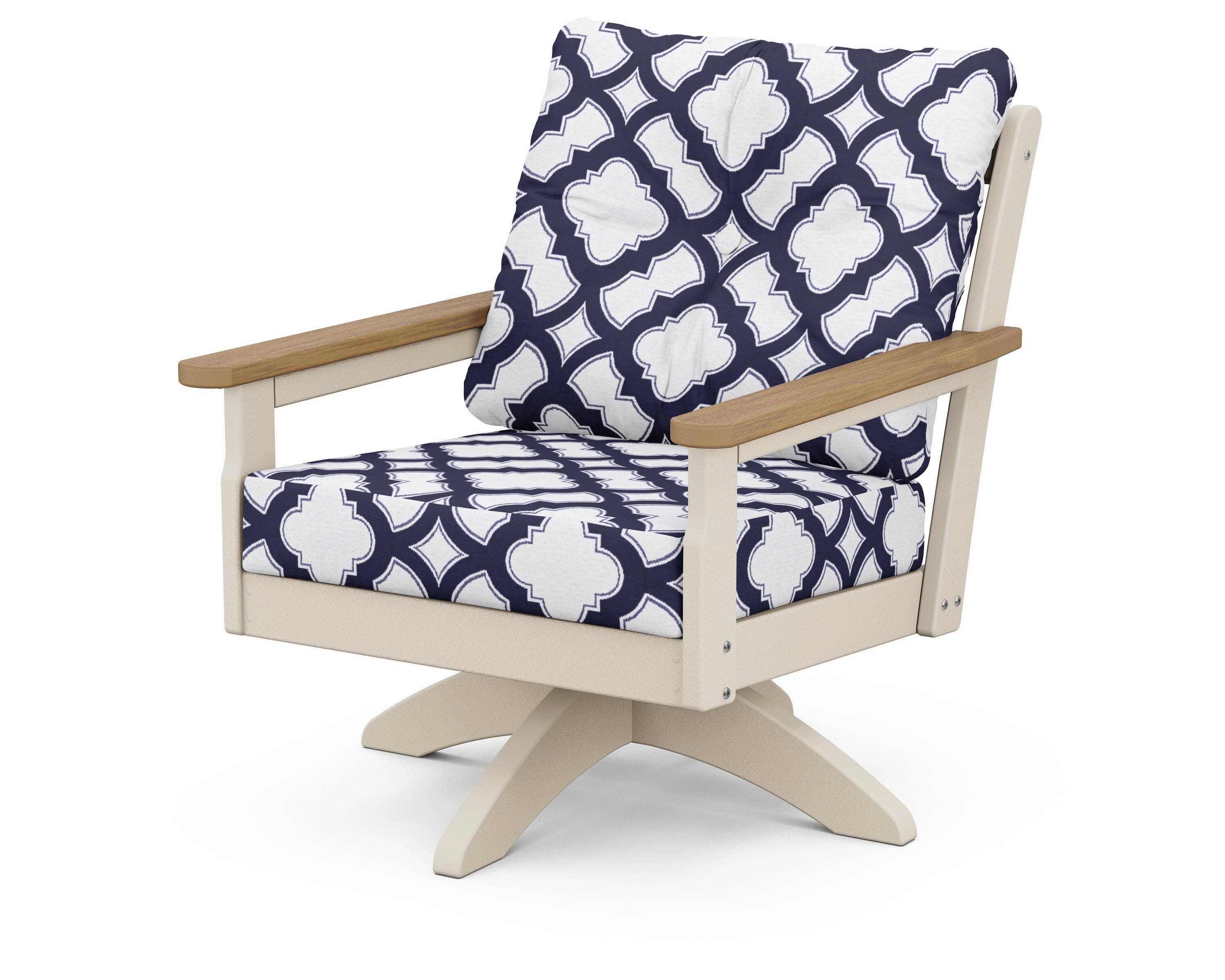 Vineyard Deep Seating Swivel Chair in Sand / Natural / Trellis Navy