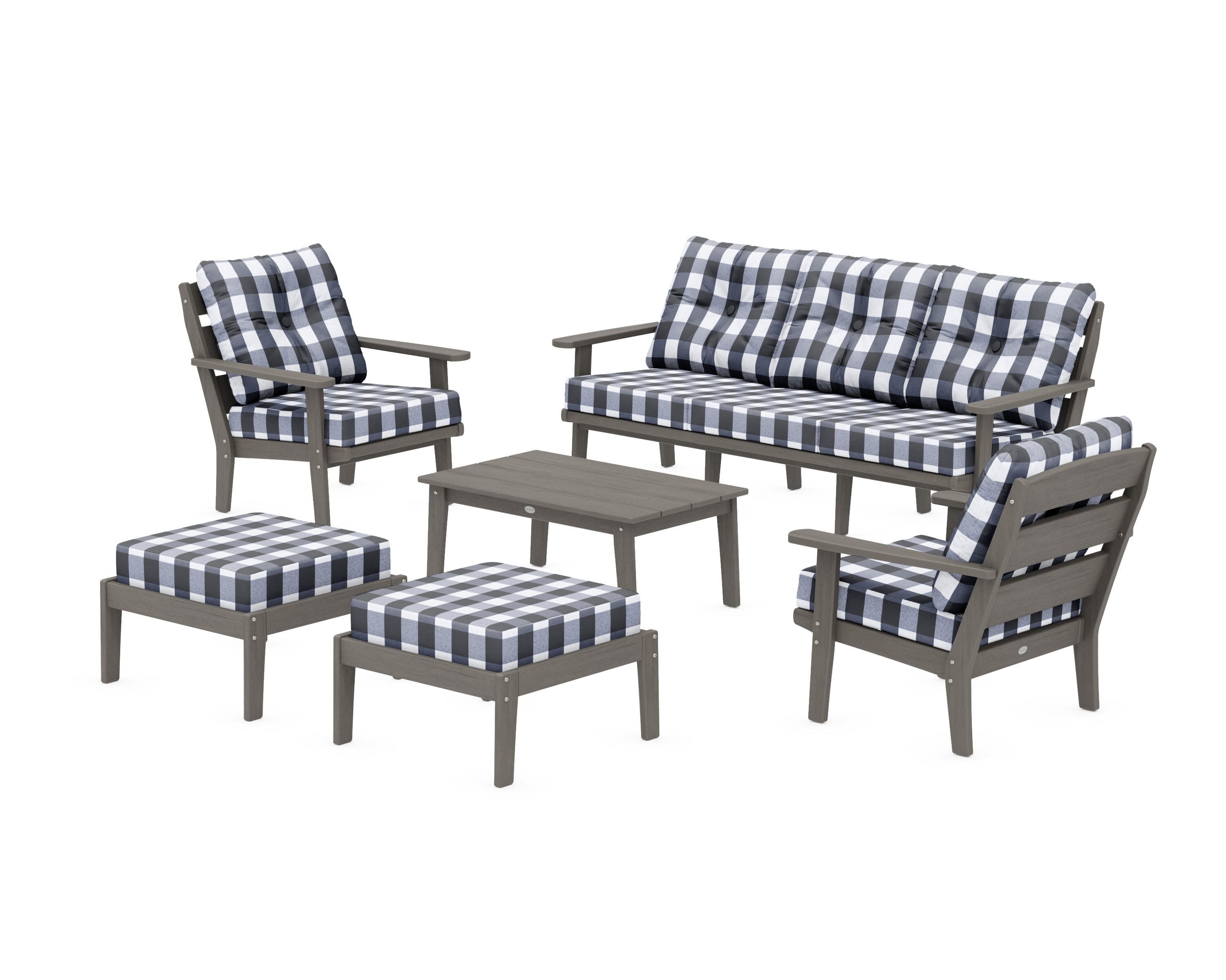 Lakeside 6-Piece Lounge Sofa Set in Driftwood / Buffalo Plaid Marine Indigo