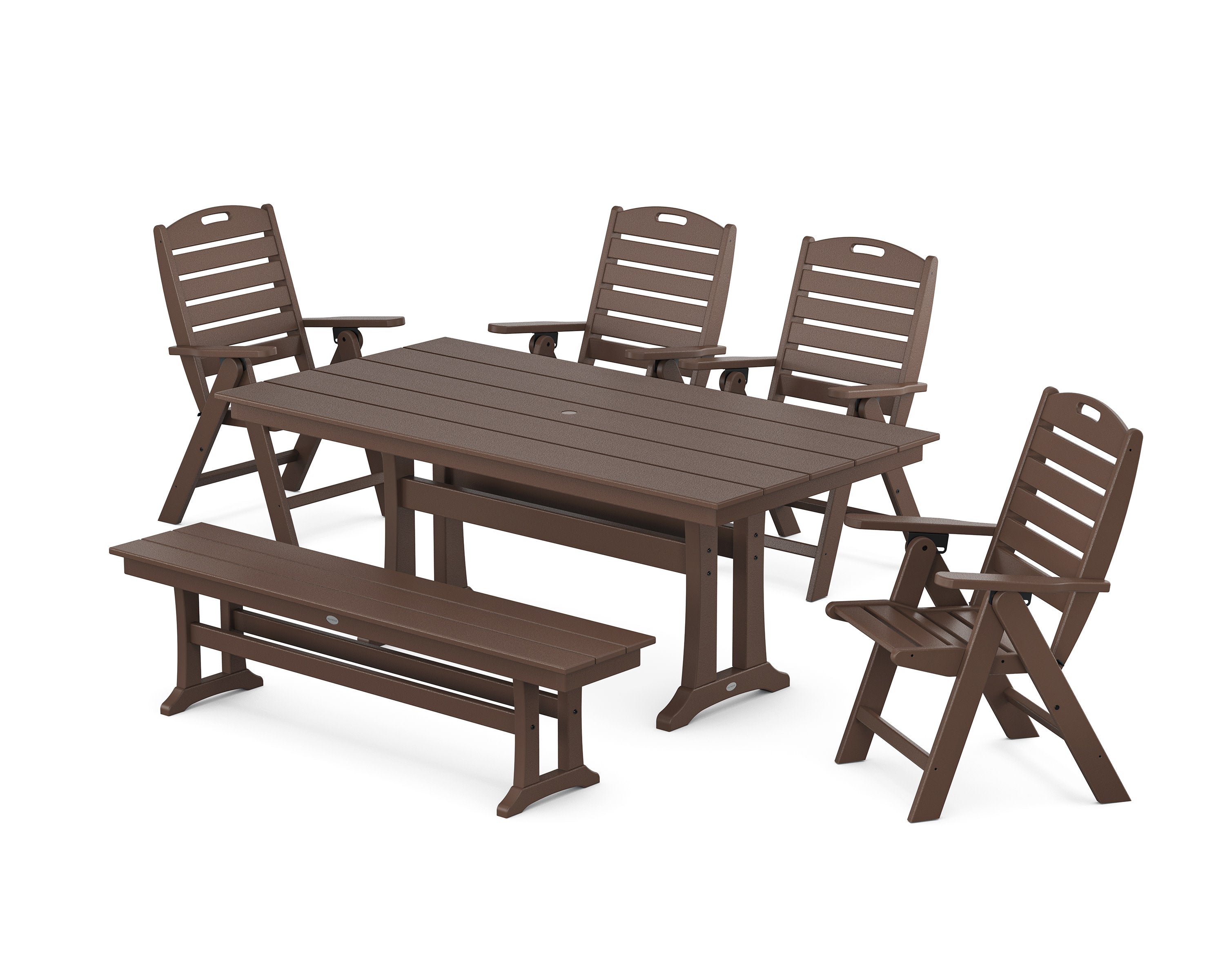 Nautical Highback 6-Piece Farmhouse Dining Set with Trestle Legs and Bench in Mahogany