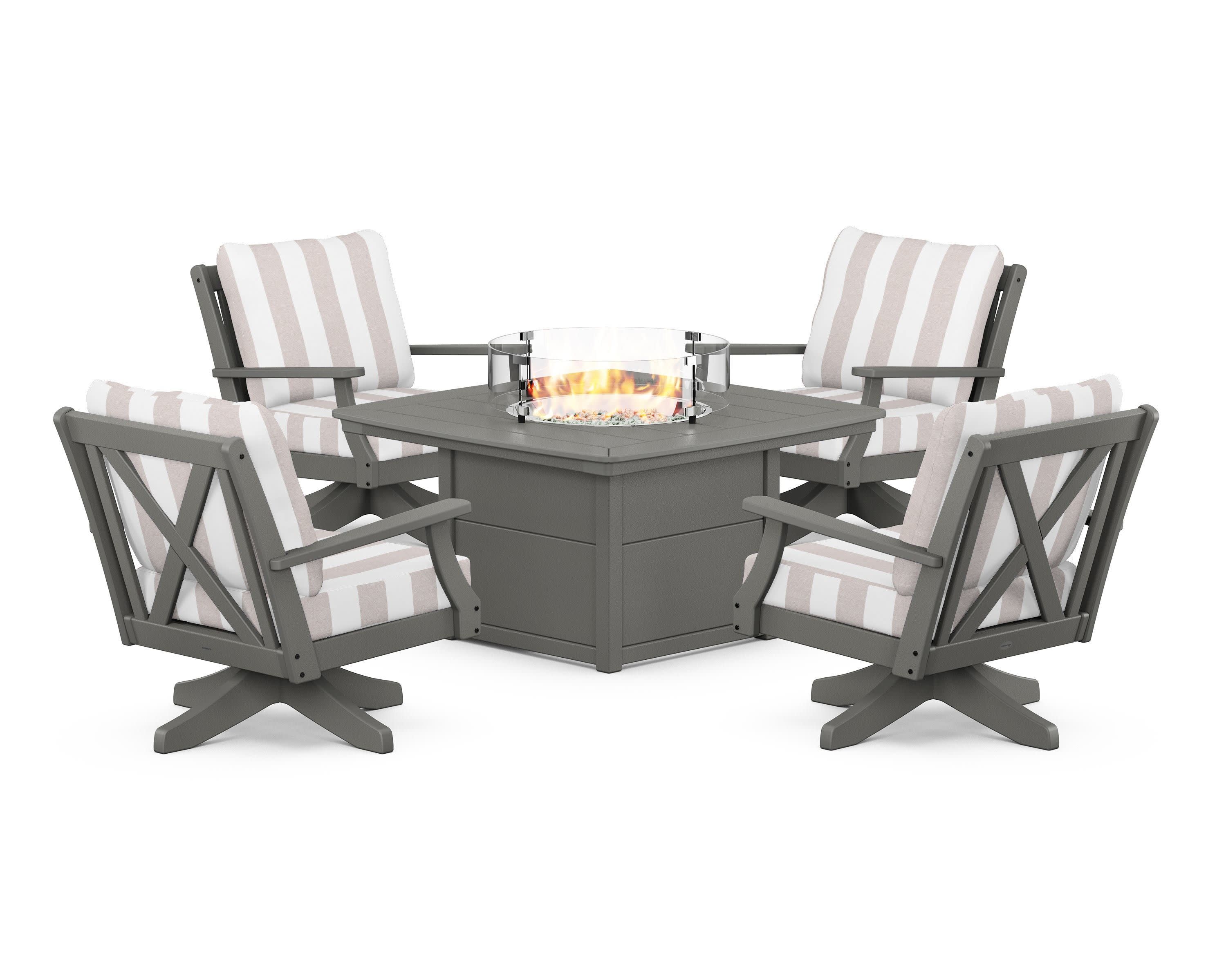 Braxton 5-Piece Deep Seating Swivel Conversation Set with Fire Pit Table in Slate Grey / Cabana Stripe Dune Burlap