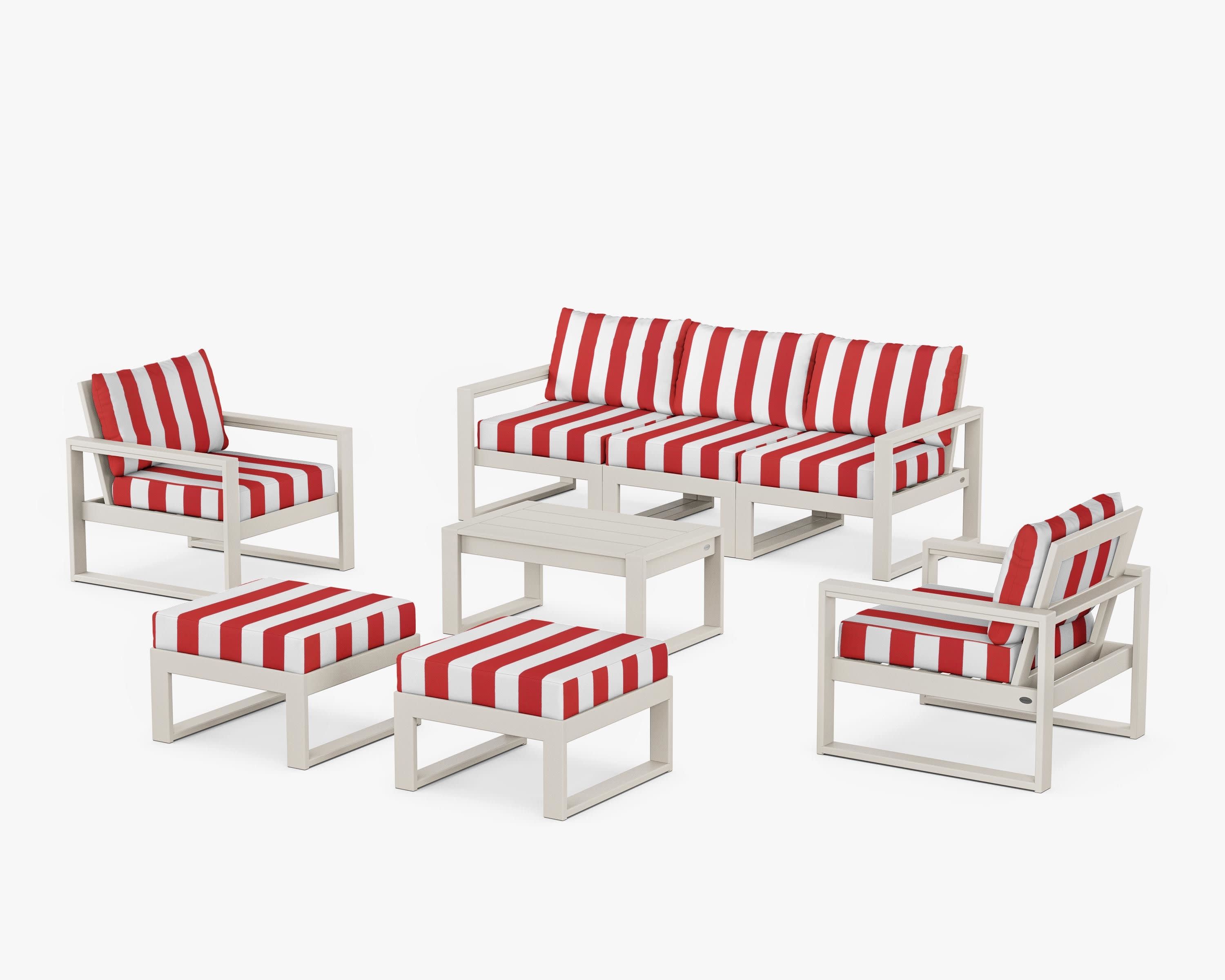 EDGE Sectional 8-Piece Lounge Sofa Set in Sand / Cabana Stripe Crimson