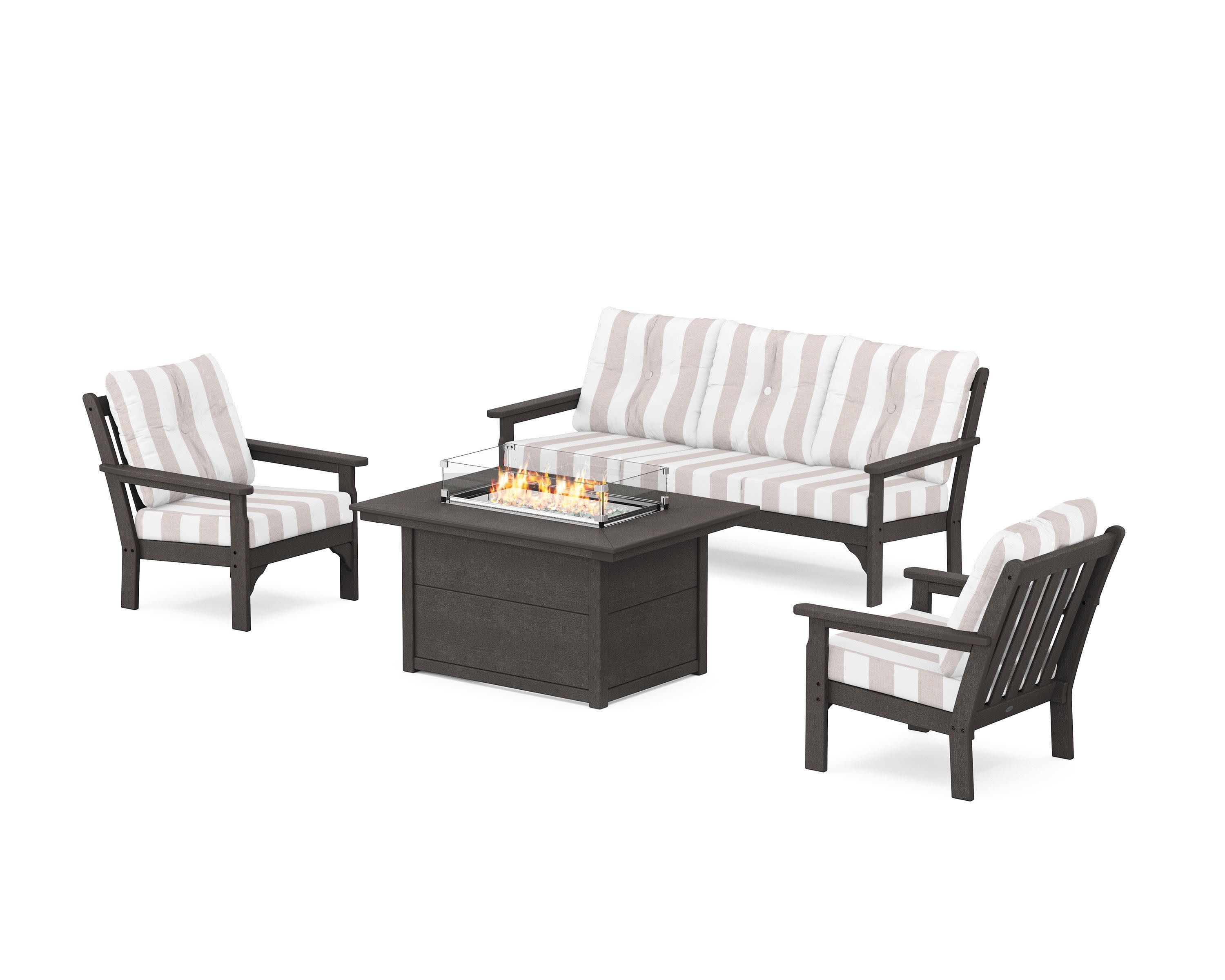 Vineyard Deep Seating Fire Pit Table Set in Vintage Coffee / Cabana Stripe Dune Burlap