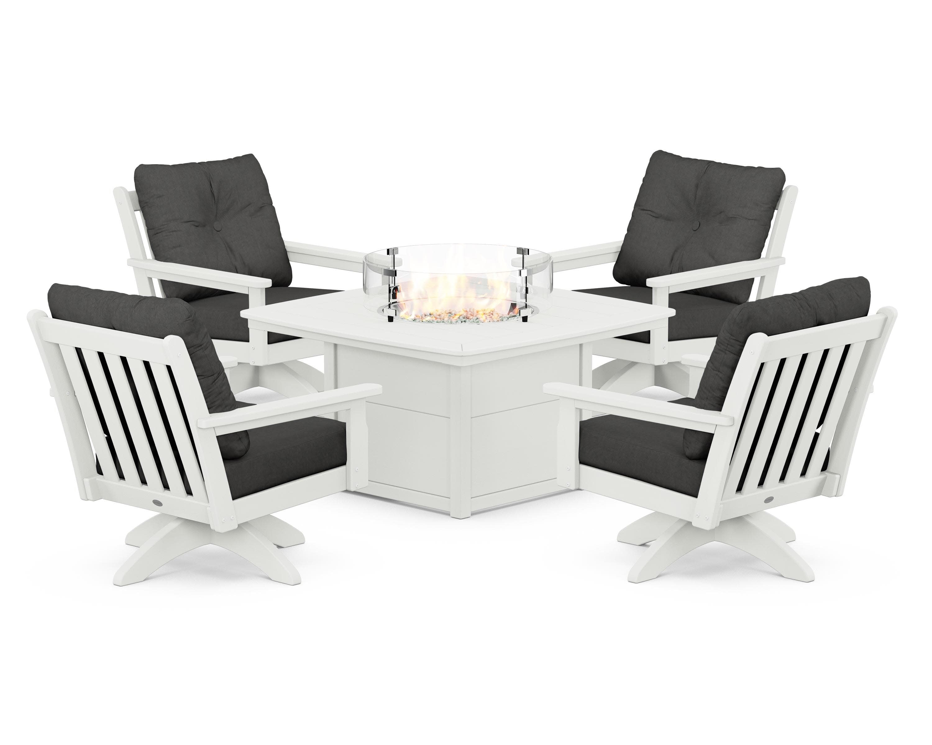 Vineyard 5-Piece Deep Seating Swivel Conversation Set with Fire Pit Table in Vintage White / Spectrum Carbon