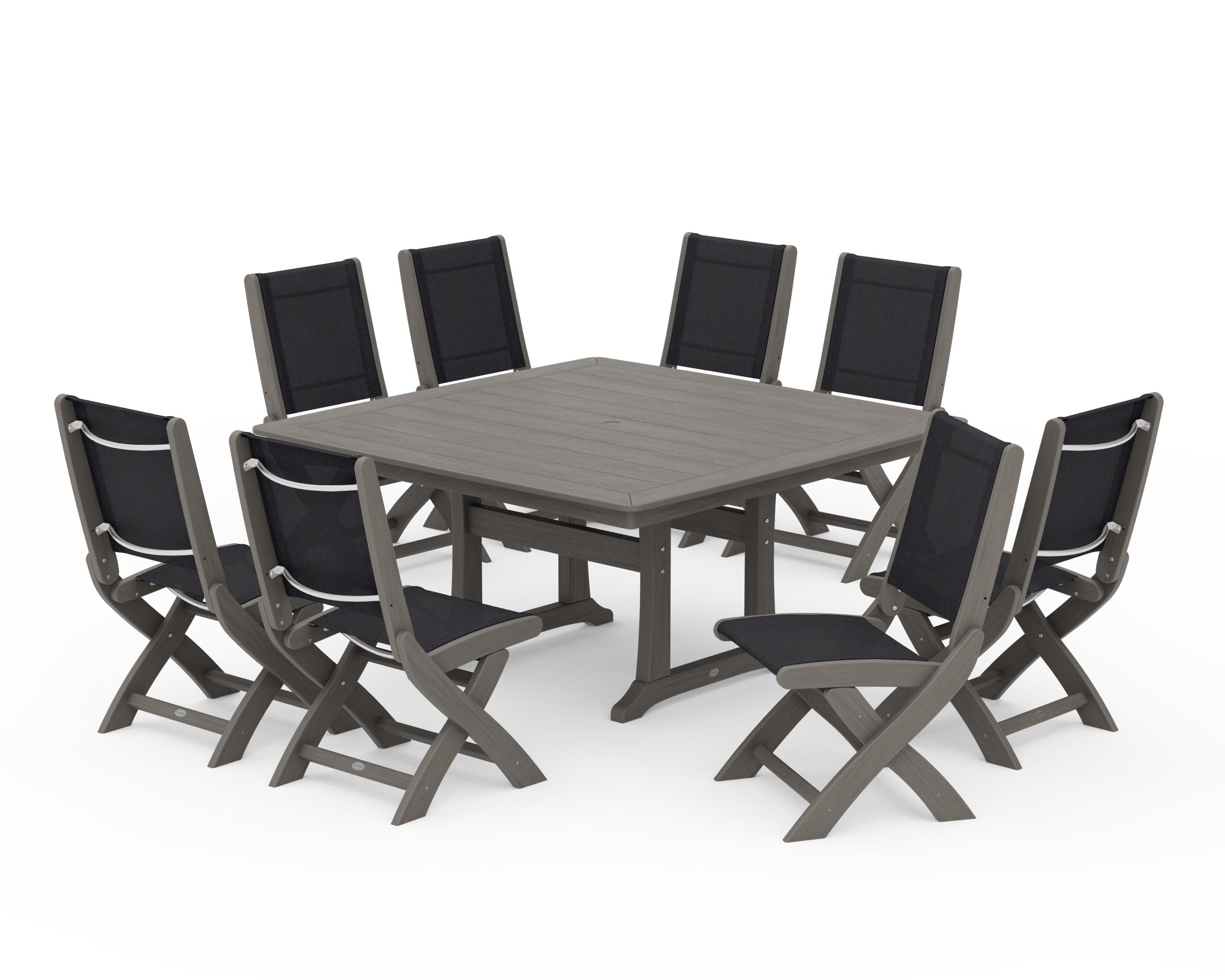 Coastal Folding Side Chair 9-Piece Dining Set with Trestle Legs in Driftwood / Black Sling