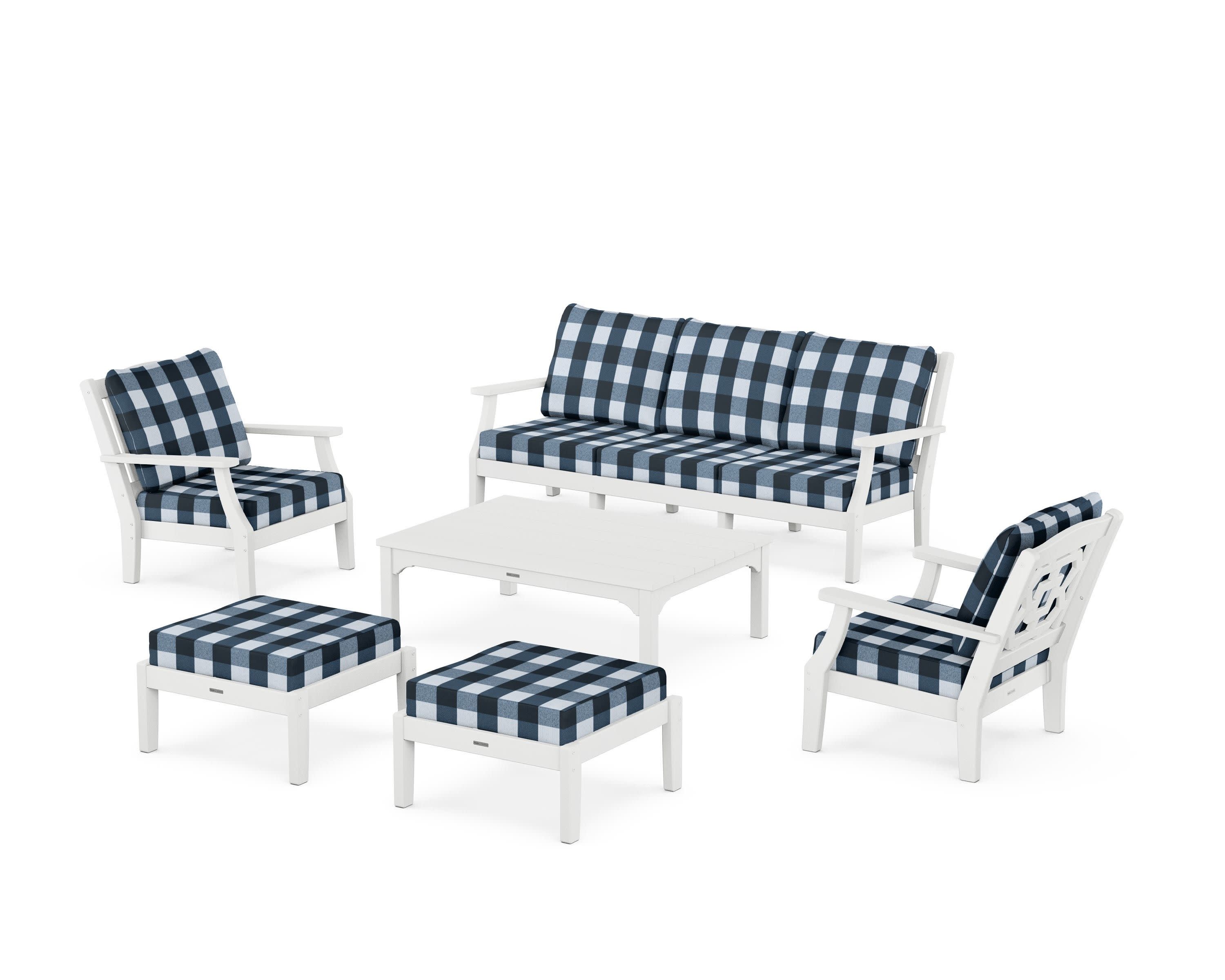 Chinoiserie 6-Piece Lounge Sofa Set in White / Buffalo Plaid Marine Indigo
