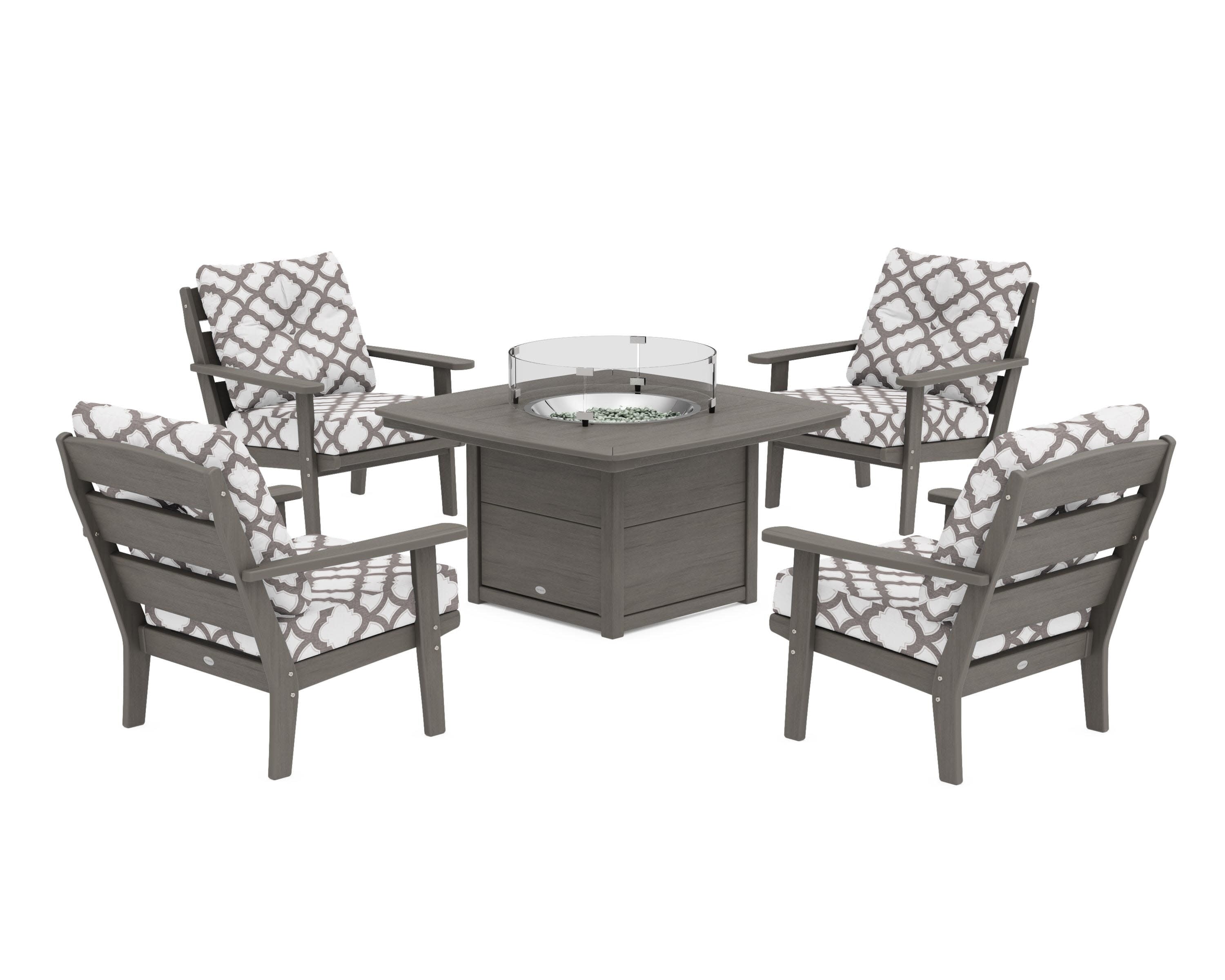 Lakeside 5-Piece Deep Seating Set with Nautical Fire Pit Table in Driftwood / Trellis Grey Mist