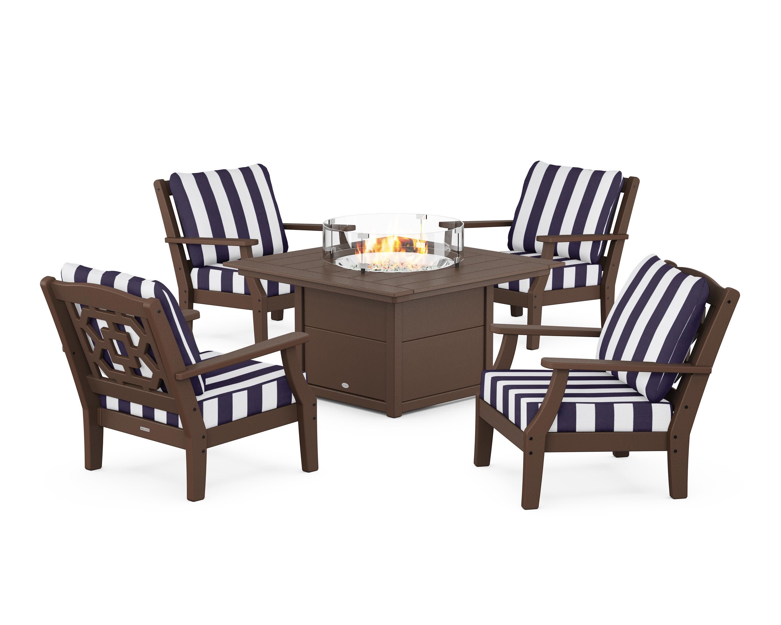 Chinoiserie 5-Piece Deep Seating Set with Fire Pit Table in Mahogany / Cabana Stripe Navy