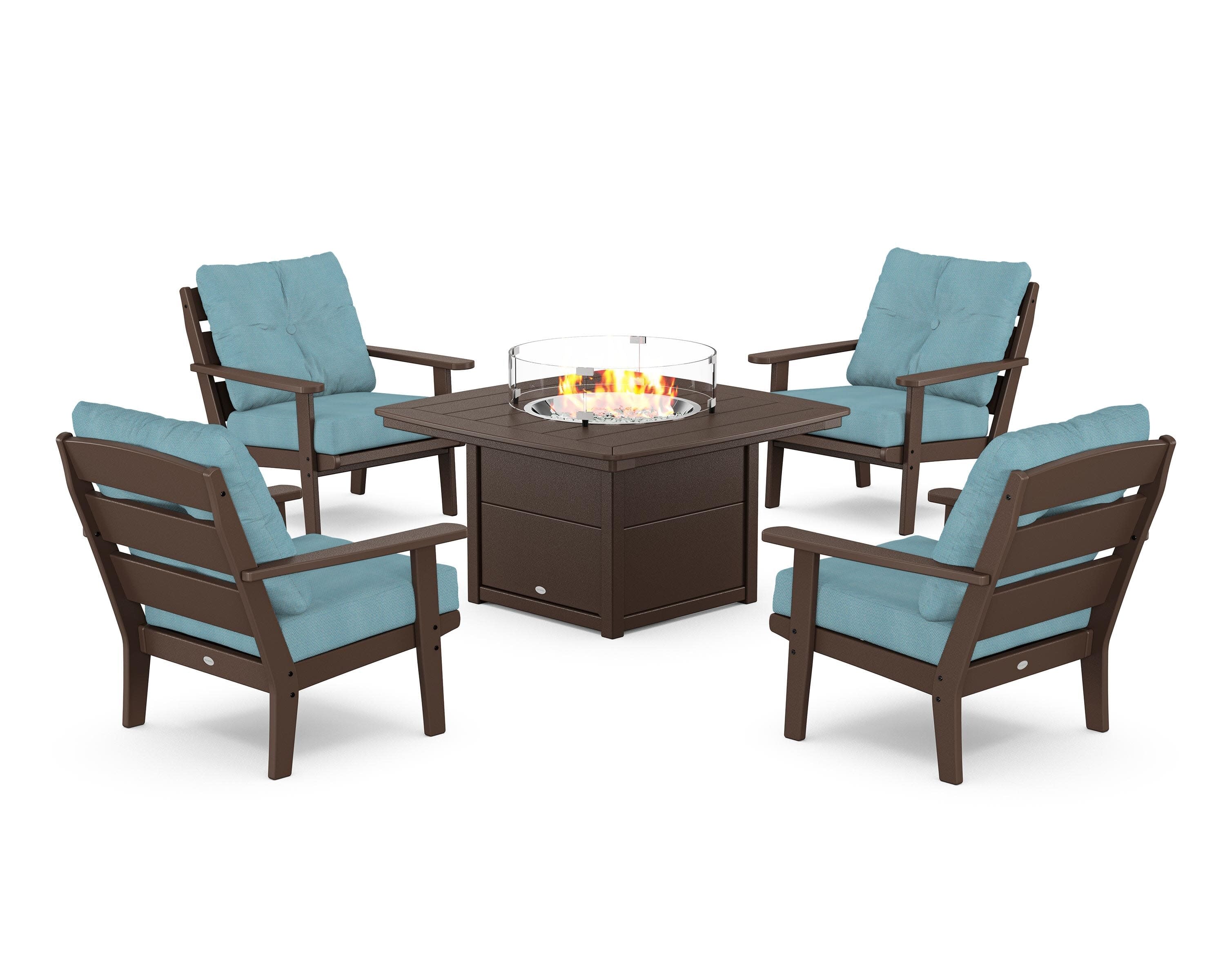 Lakeside 5-Piece Deep Seating Set with Nautical Fire Pit Table in Mahogany / Lattice Sky Blue