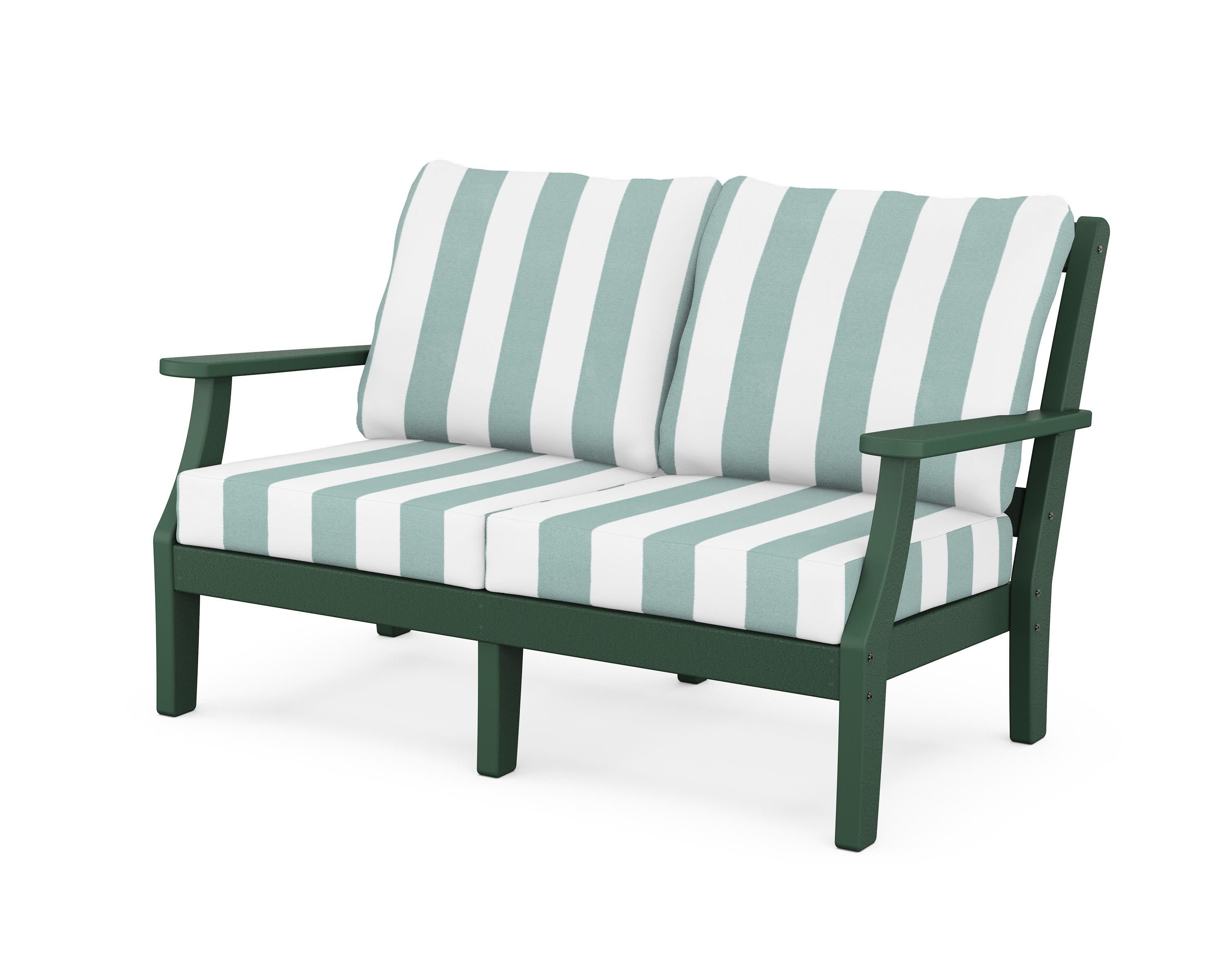 Chinoiserie Deep Seating Loveseat in Green / Cabana Stripe Glacier Spa
