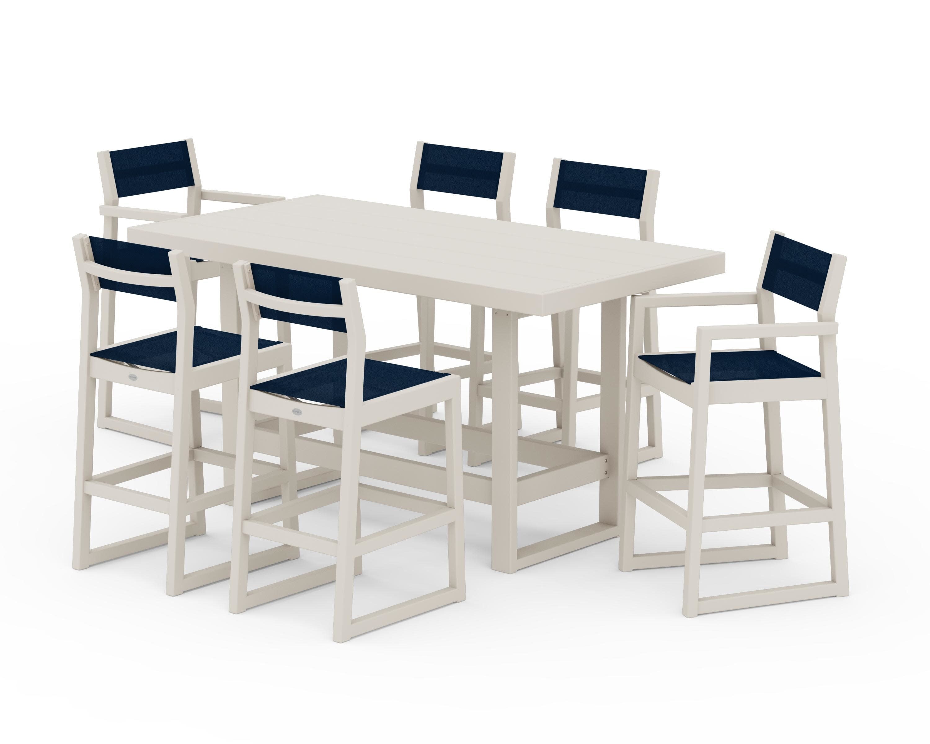 EDGE Sling 7-Piece Bar Table Set in Sand / Navy Blue Sling