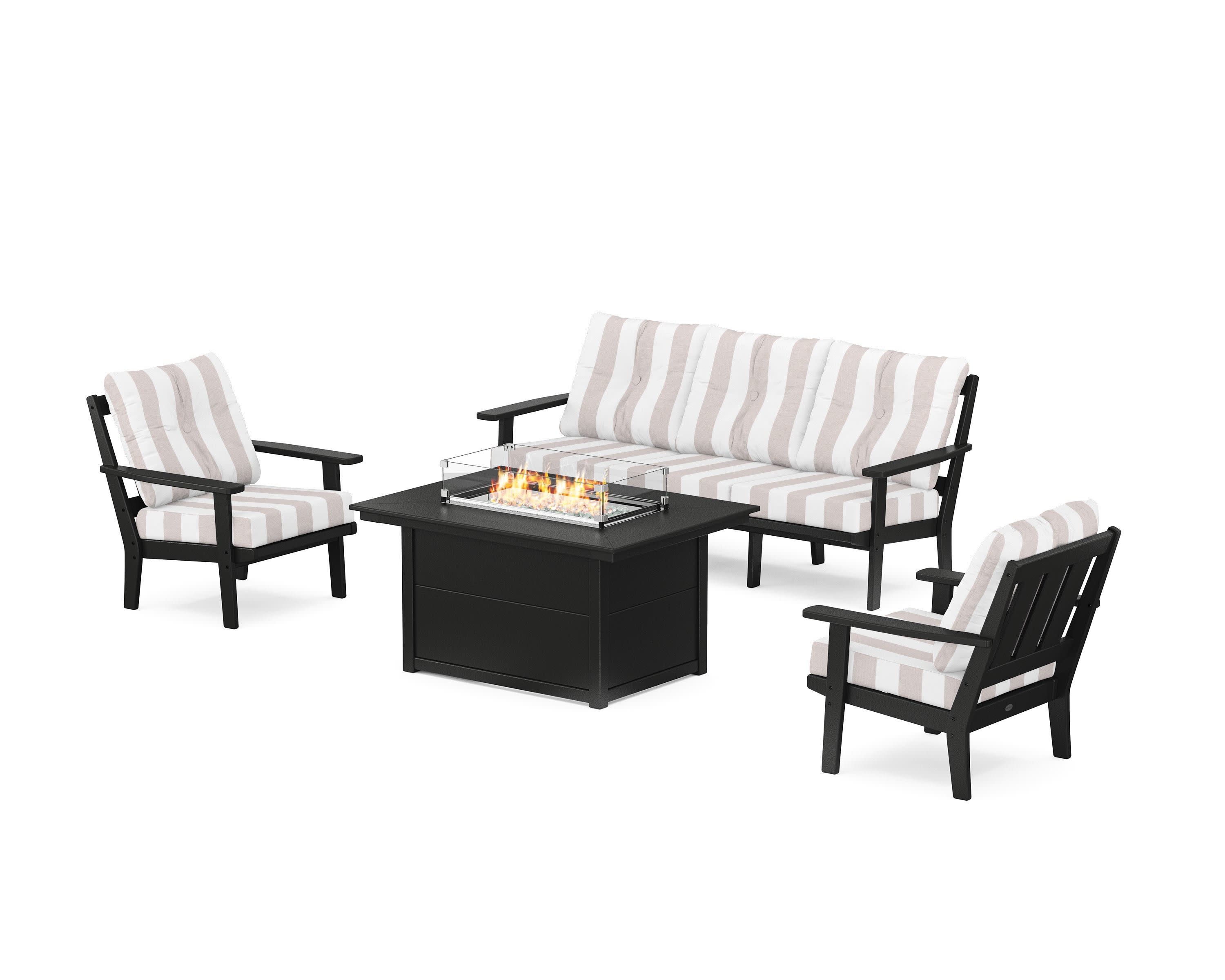 Oxford Deep Seating Fire Pit Table Set in Black / Cabana Stripe Dune Burlap
