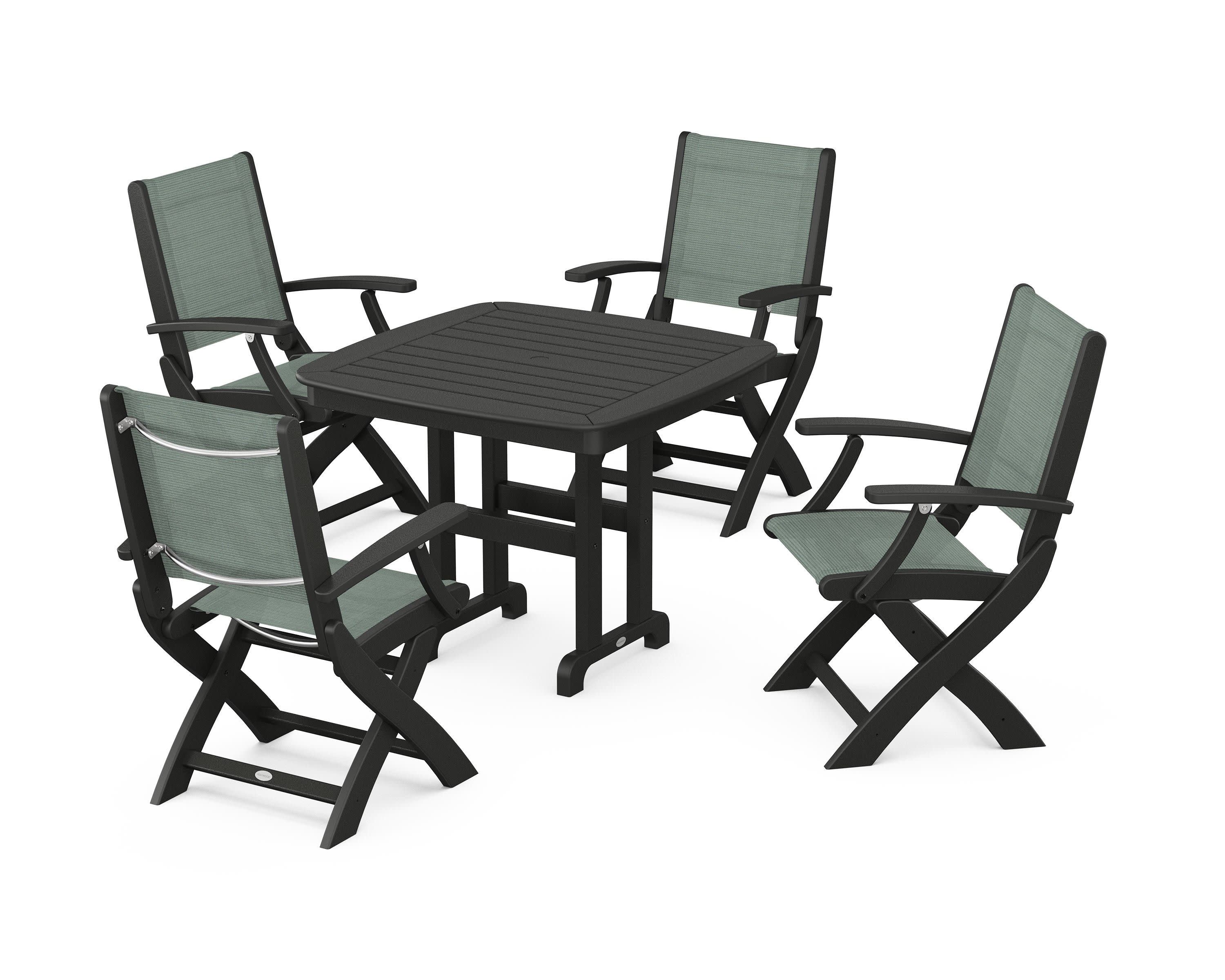 Coastal Folding Chair 5-Piece Dining Set in Black / Dupioni Sea Mist Sling