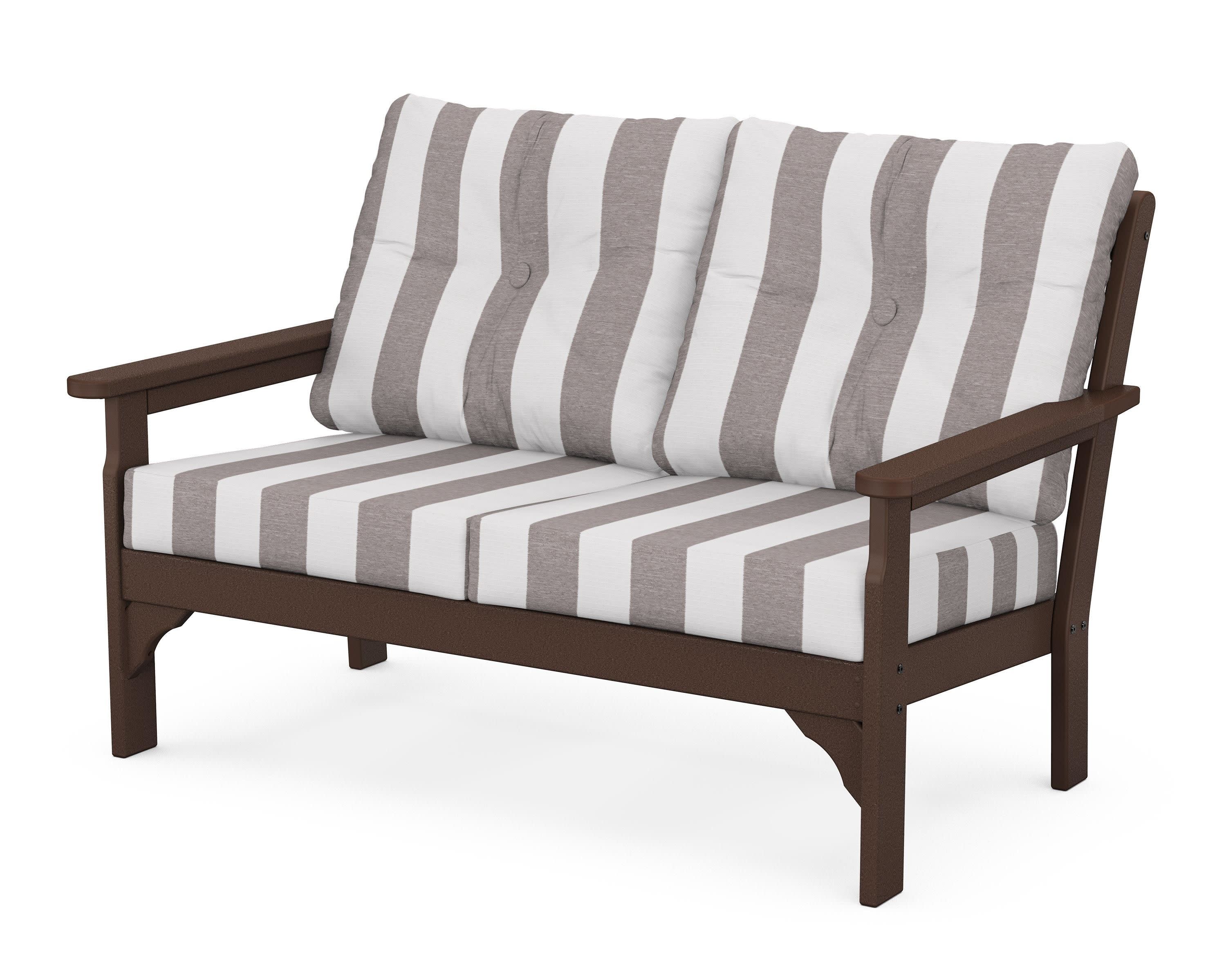 Vineyard Deep Seating Loveseat in Mahogany / Cabana Stripe Grey Mist