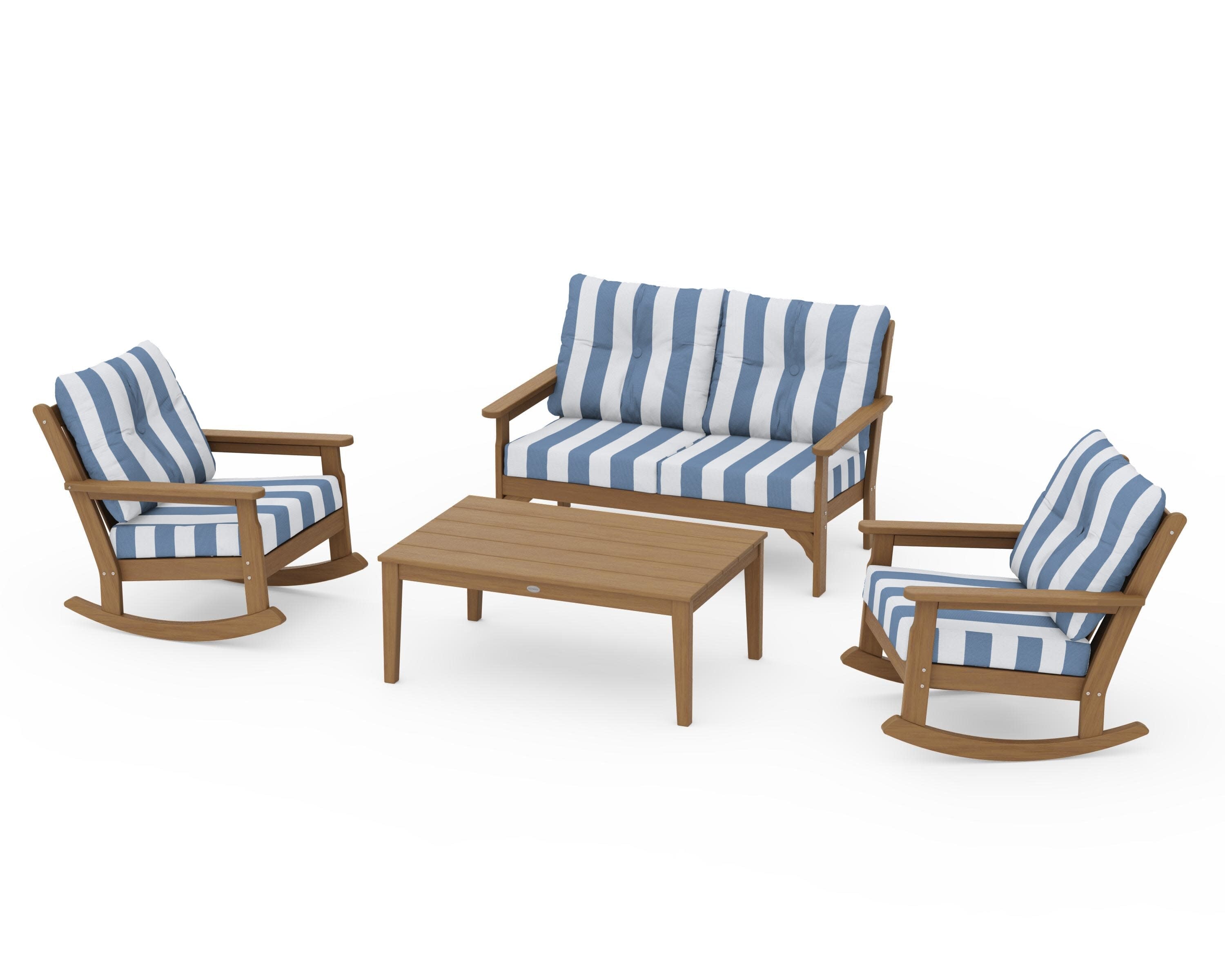 Vineyard 4-Piece Deep Seating Rocking Chair Set in Natural / Cabana Stripe Sky Blue