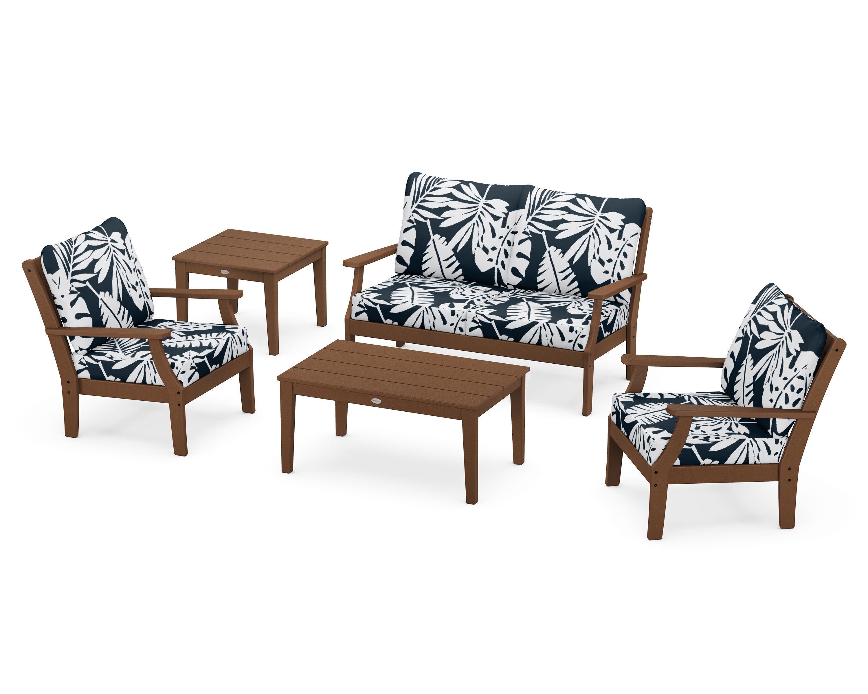 Braxton 5-Piece Deep Seating Set in Teak / Leaf Marine Indigo