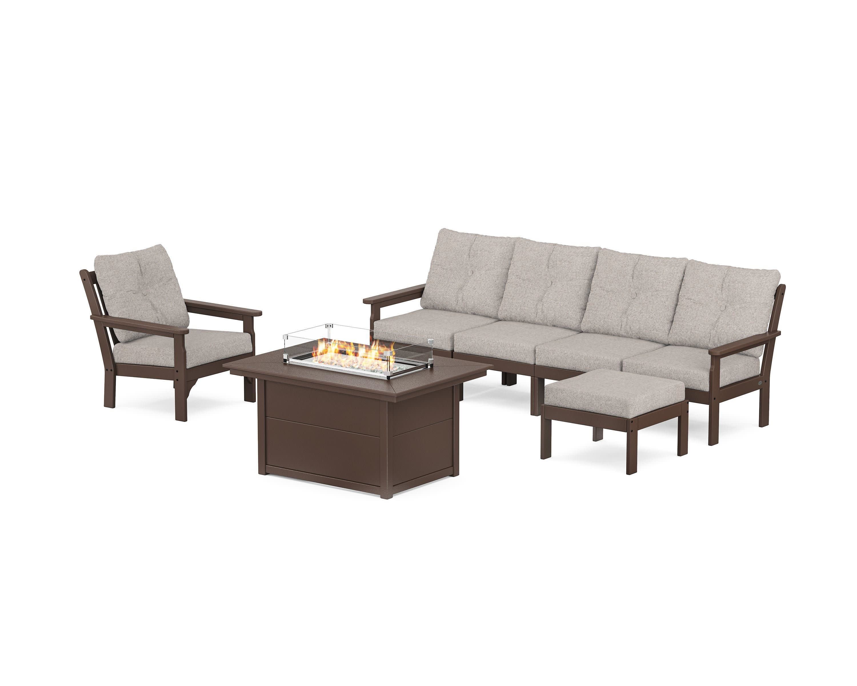 Vineyard Sectional Lounge and Fire Pit Set in Mahogany / Weathered Tweed