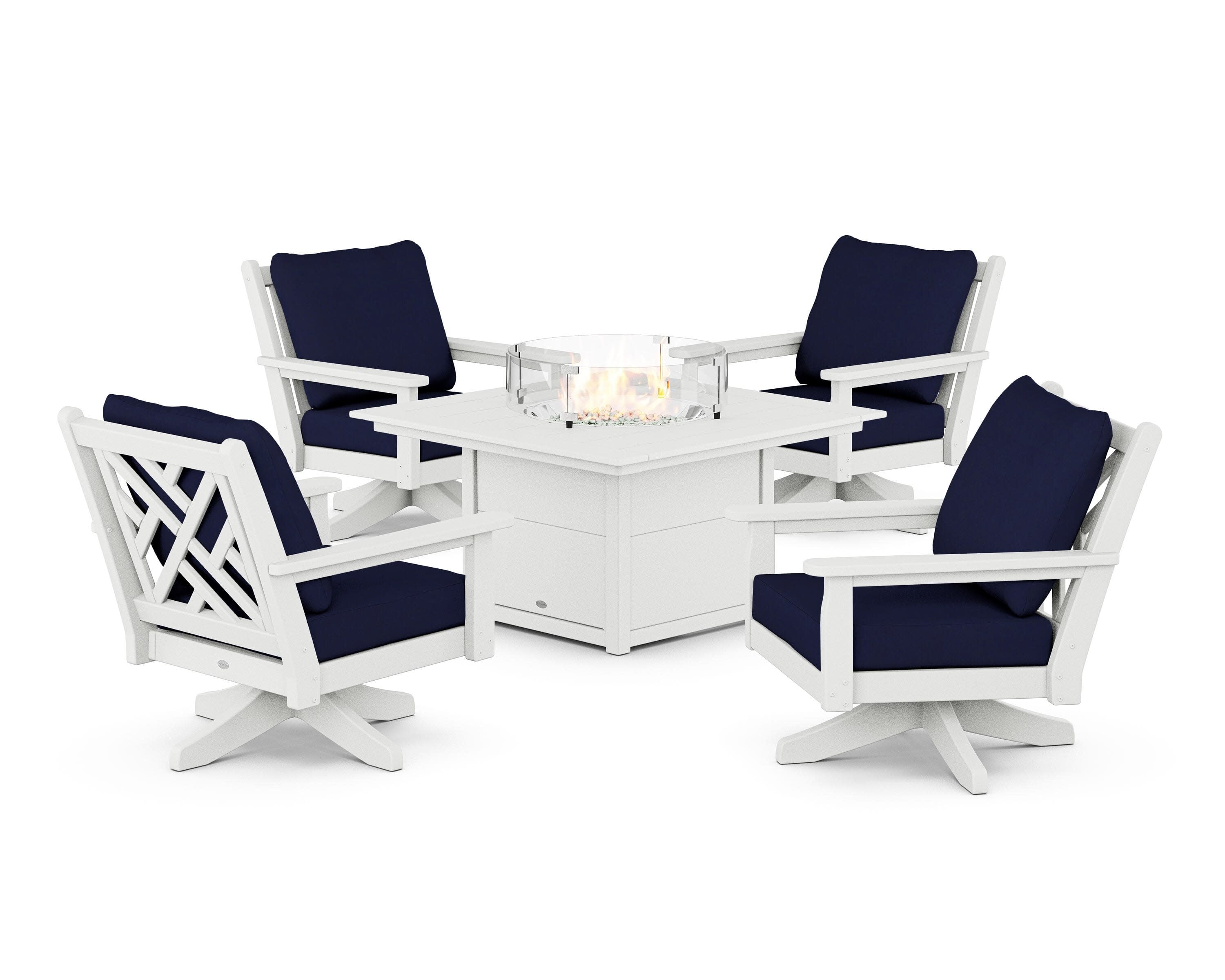 Chippendale 5-Piece Deep Seating Swivel Conversation Set with Fire Pit Table in White / Navy
