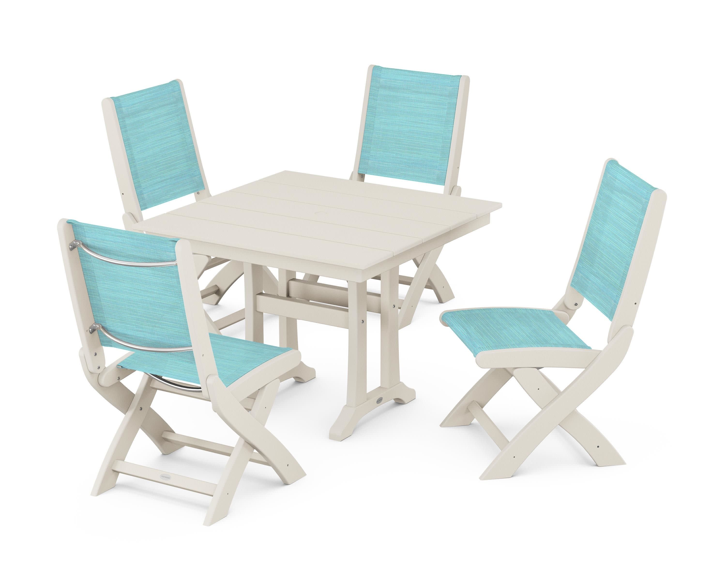 Coastal Folding Side Chair 5-Piece Farmhouse Dining Set With Trestle Legs in Sand / Dupioni Aquamarine Sling