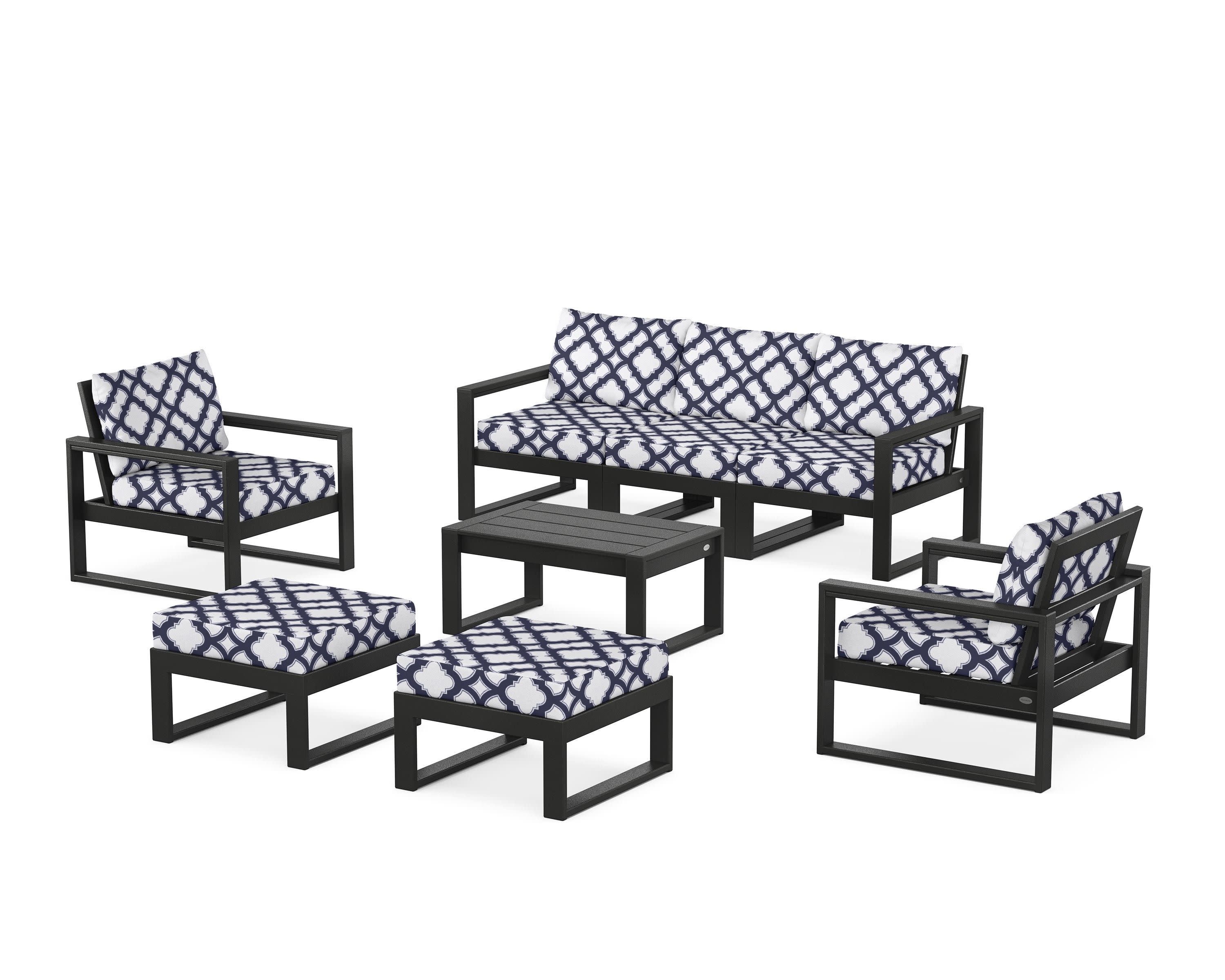 EDGE Sectional 8-Piece Lounge Sofa Set in Black / Trellis Navy