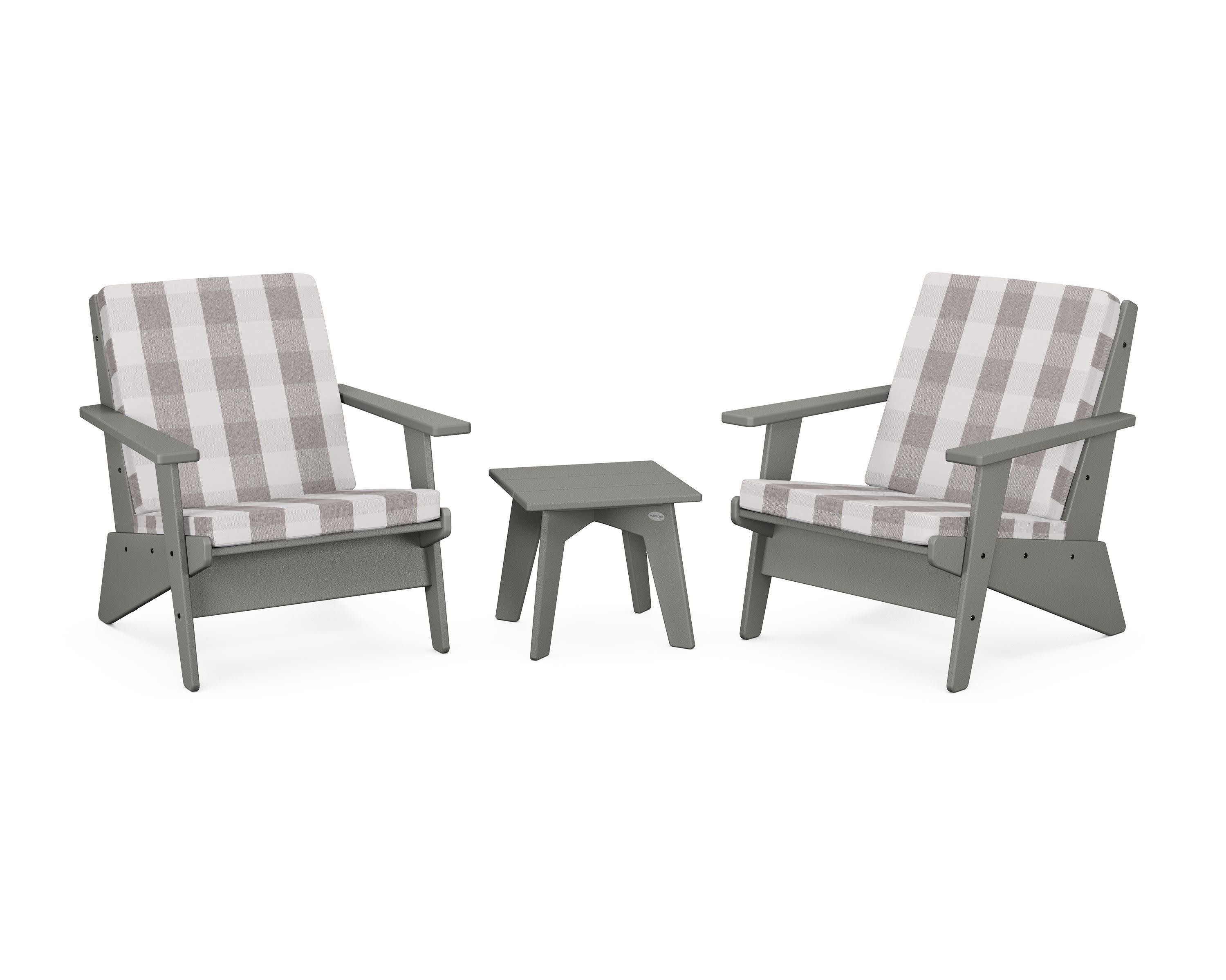 Riviera Modern Lounge 3-Piece Set in Slate Grey / Buffalo Plaid Grey Mist