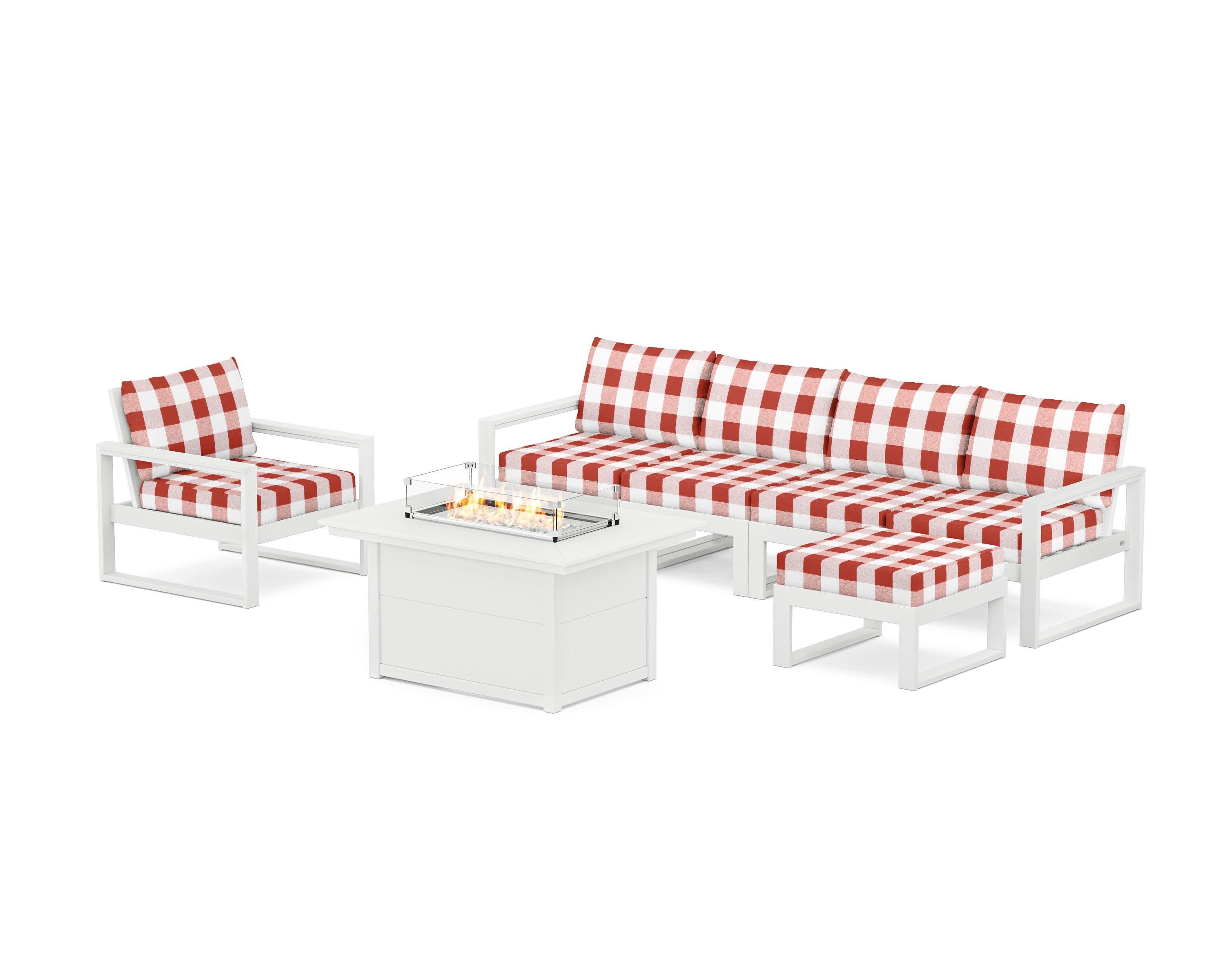 EDGE Sectional Lounge and Fire Pit Set in White / Buffalo Plaid Crimson