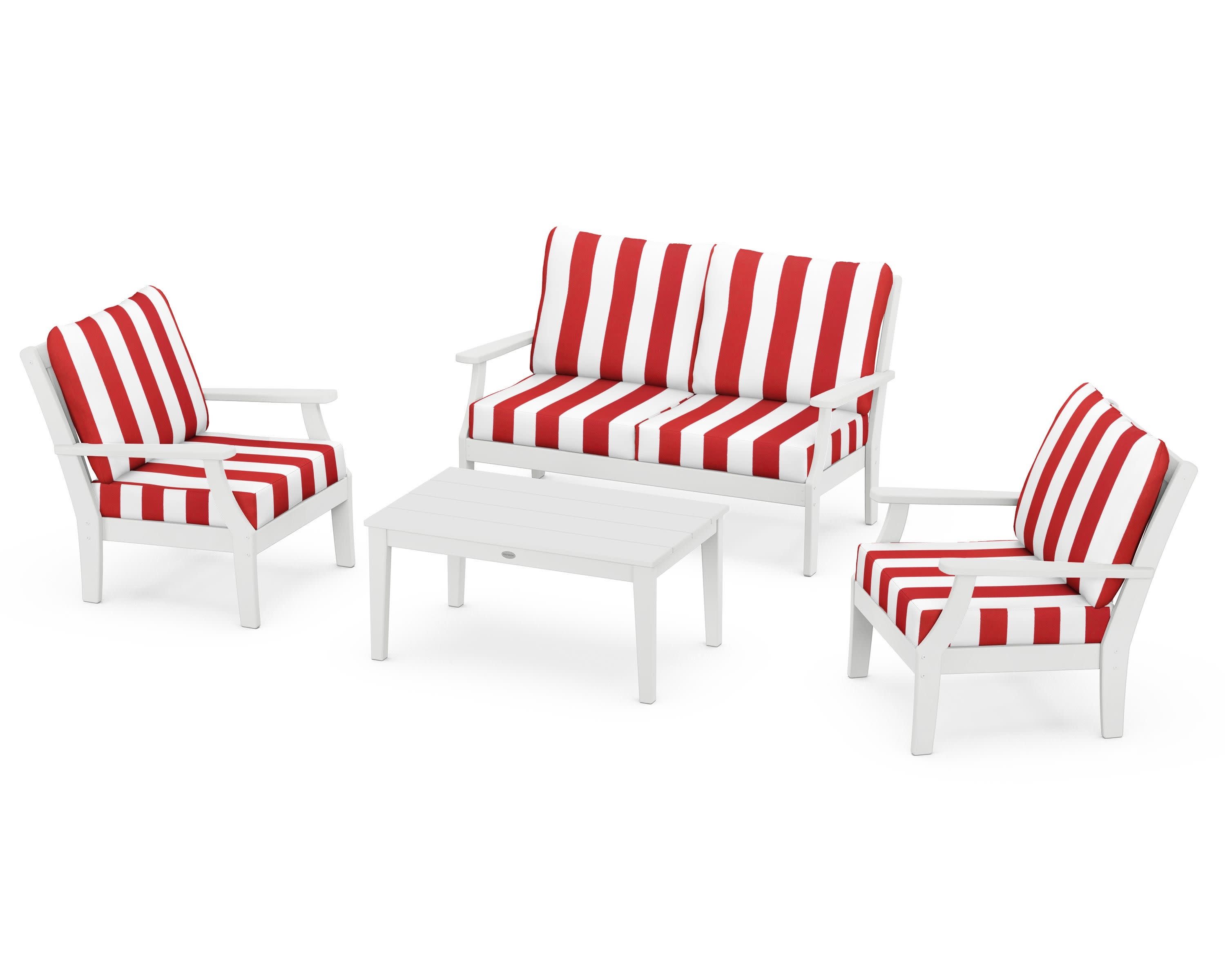 Braxton 4-Piece Deep Seating Chair Set in White / Cabana Stripe Crimson