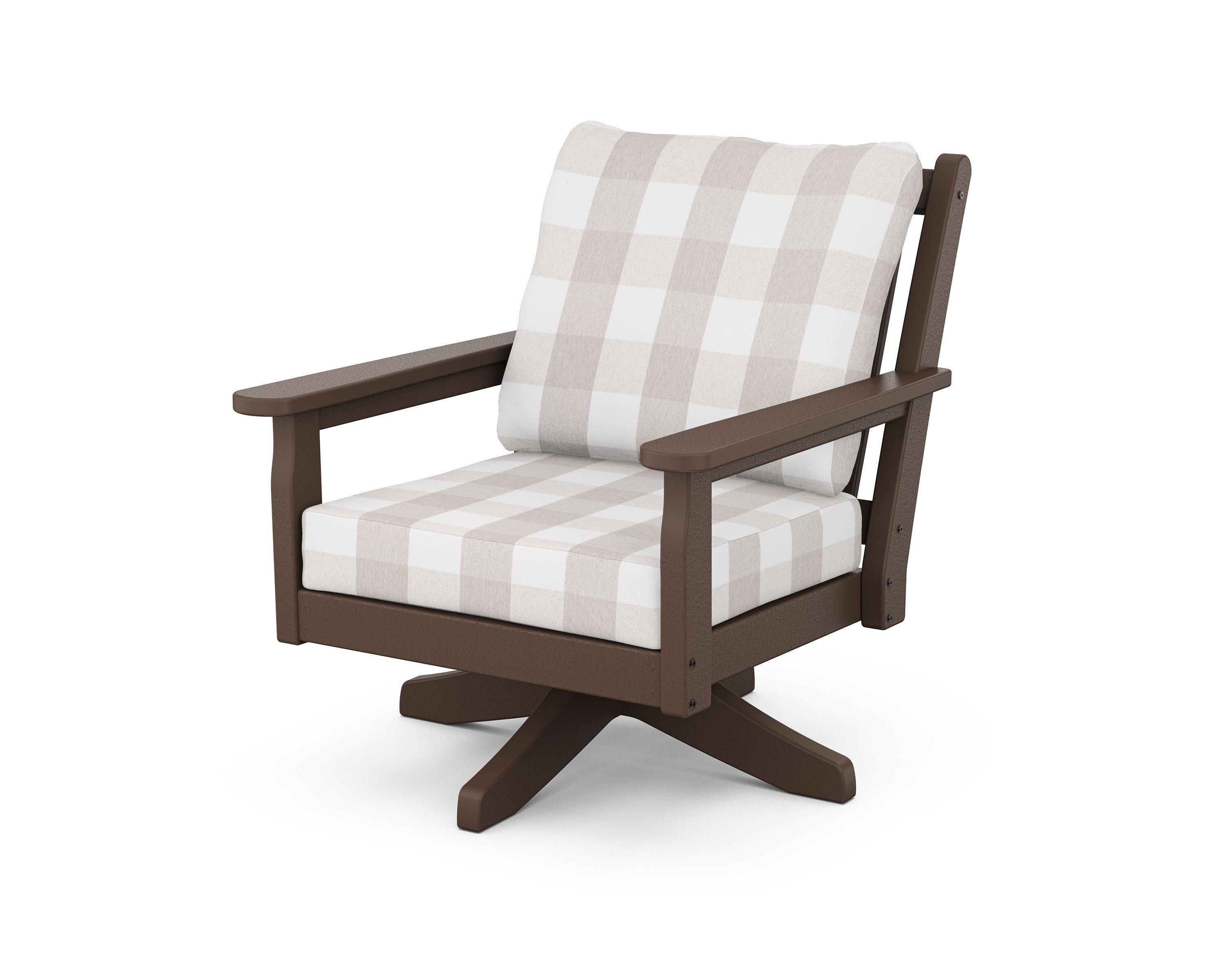Chippendale Deep Seating Swivel Chair in Mahogany / Buffalo Plaid Dune Burlap