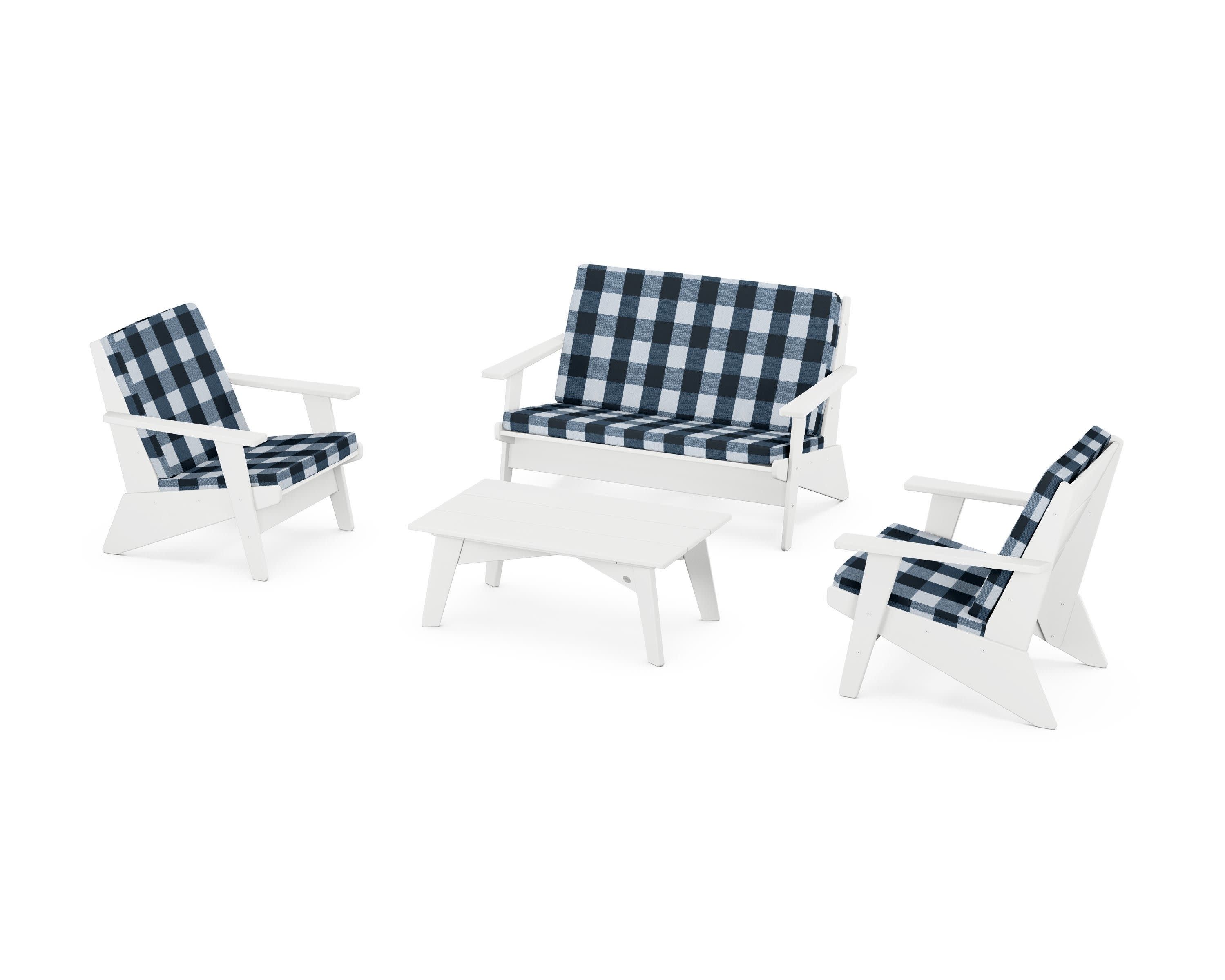 Riviera Modern Lounge 4-Piece Set in White / Buffalo Plaid Marine Indigo