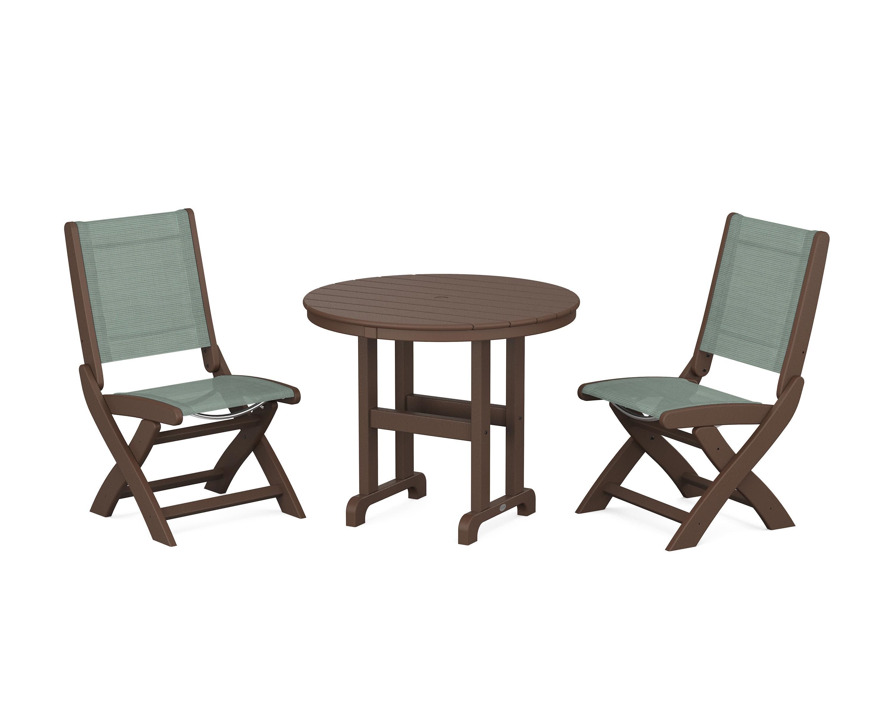 Coastal Folding Side Chair 3-Piece Round Dining Set in Mahogany / Dupioni Sea Mist Sling