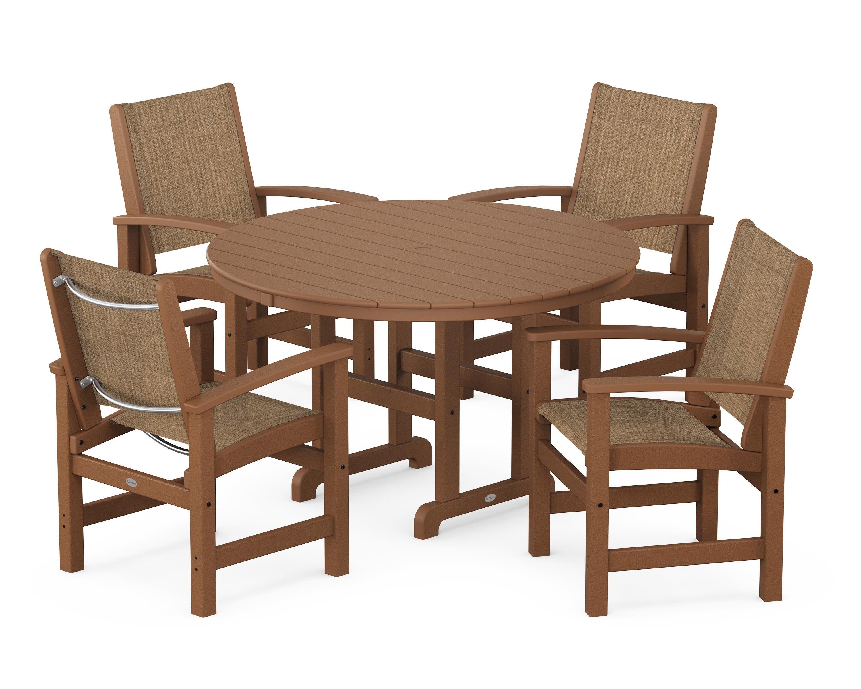 Coastal 5-Piece Round Farmhouse Dining Set in Teak / Burlap Sling