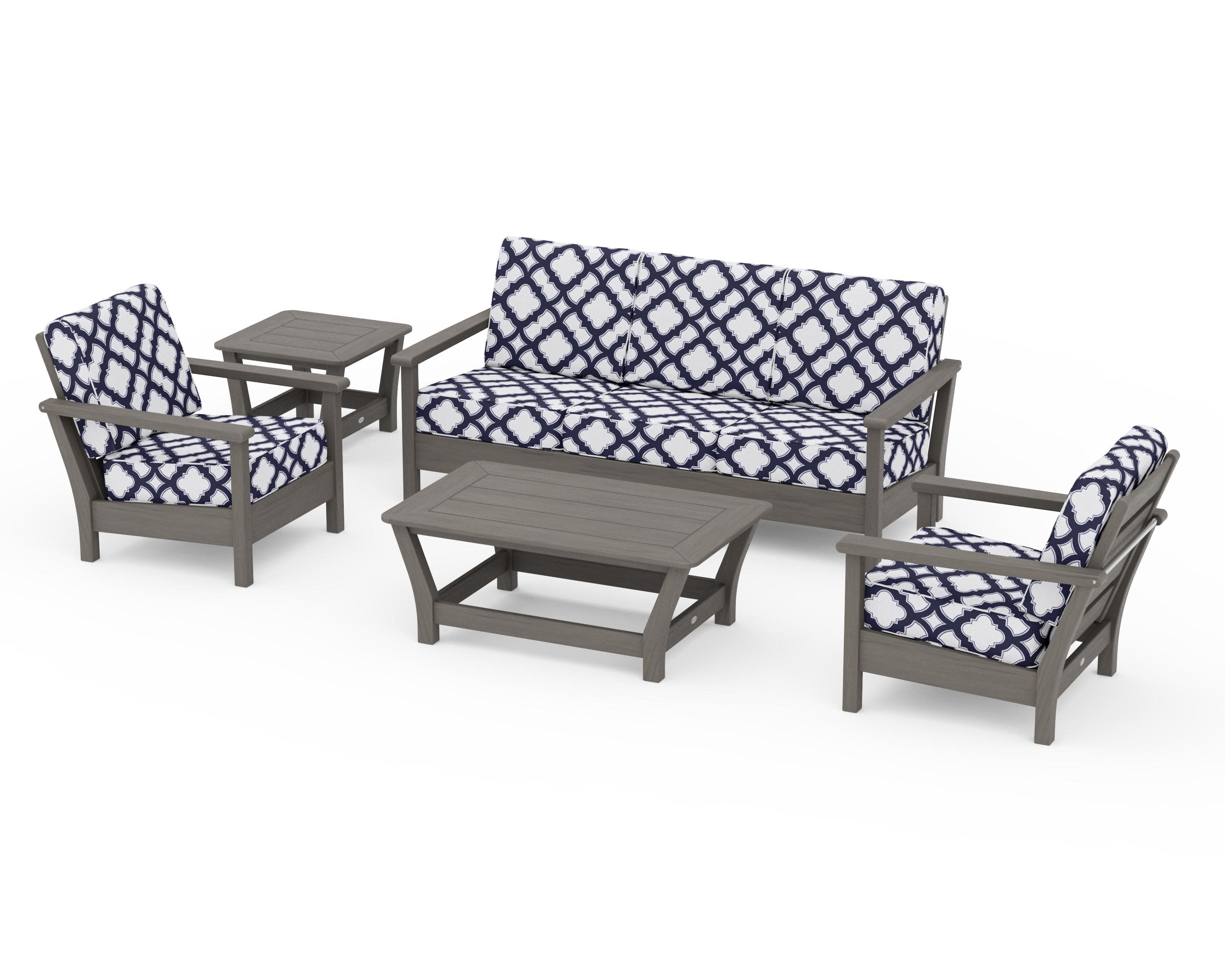 Harbour 5-Piece Deep Seating Set in Driftwood / Trellis Navy