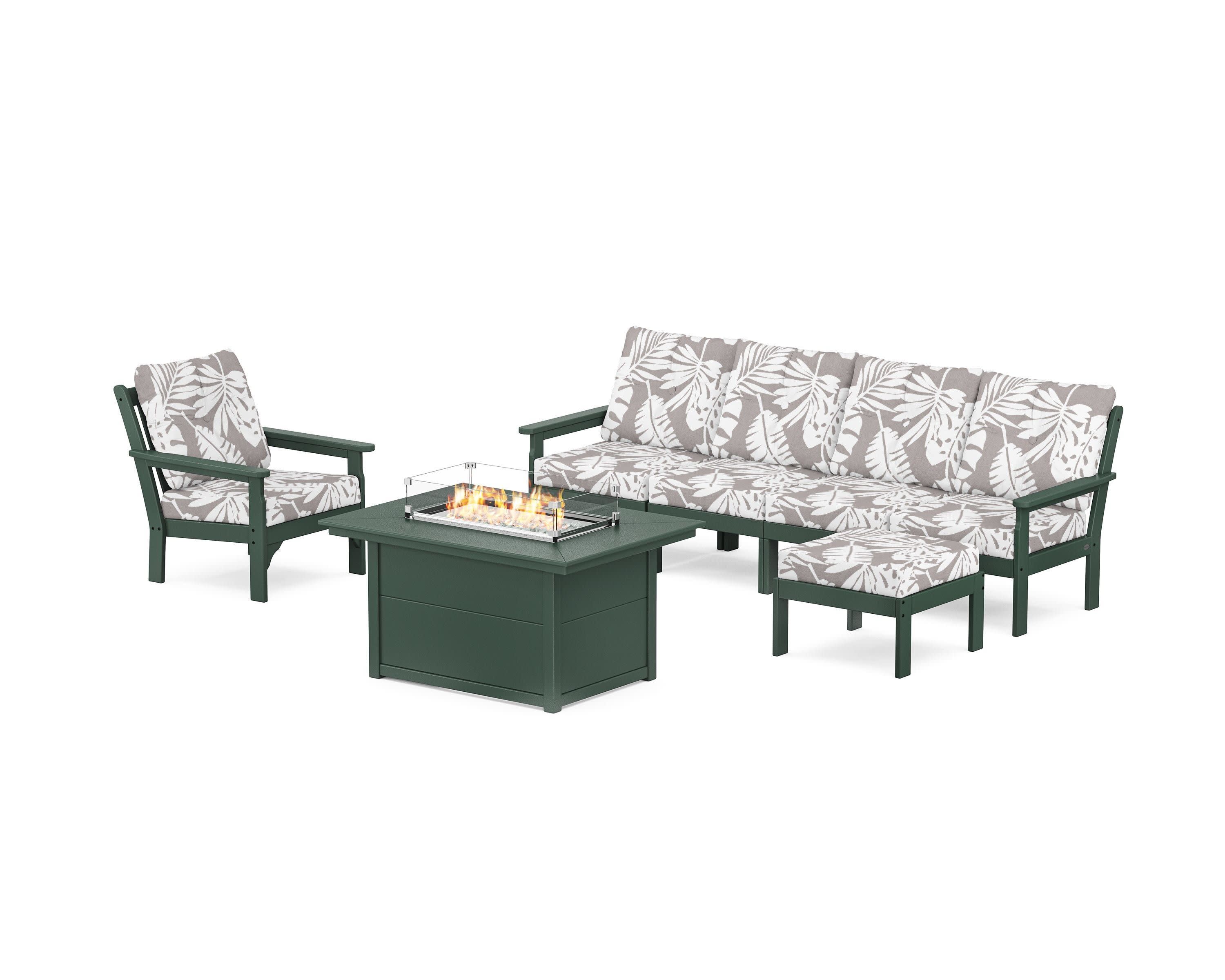 Vineyard Sectional Lounge and Fire Pit Set in Green / Leaf Grey Mist