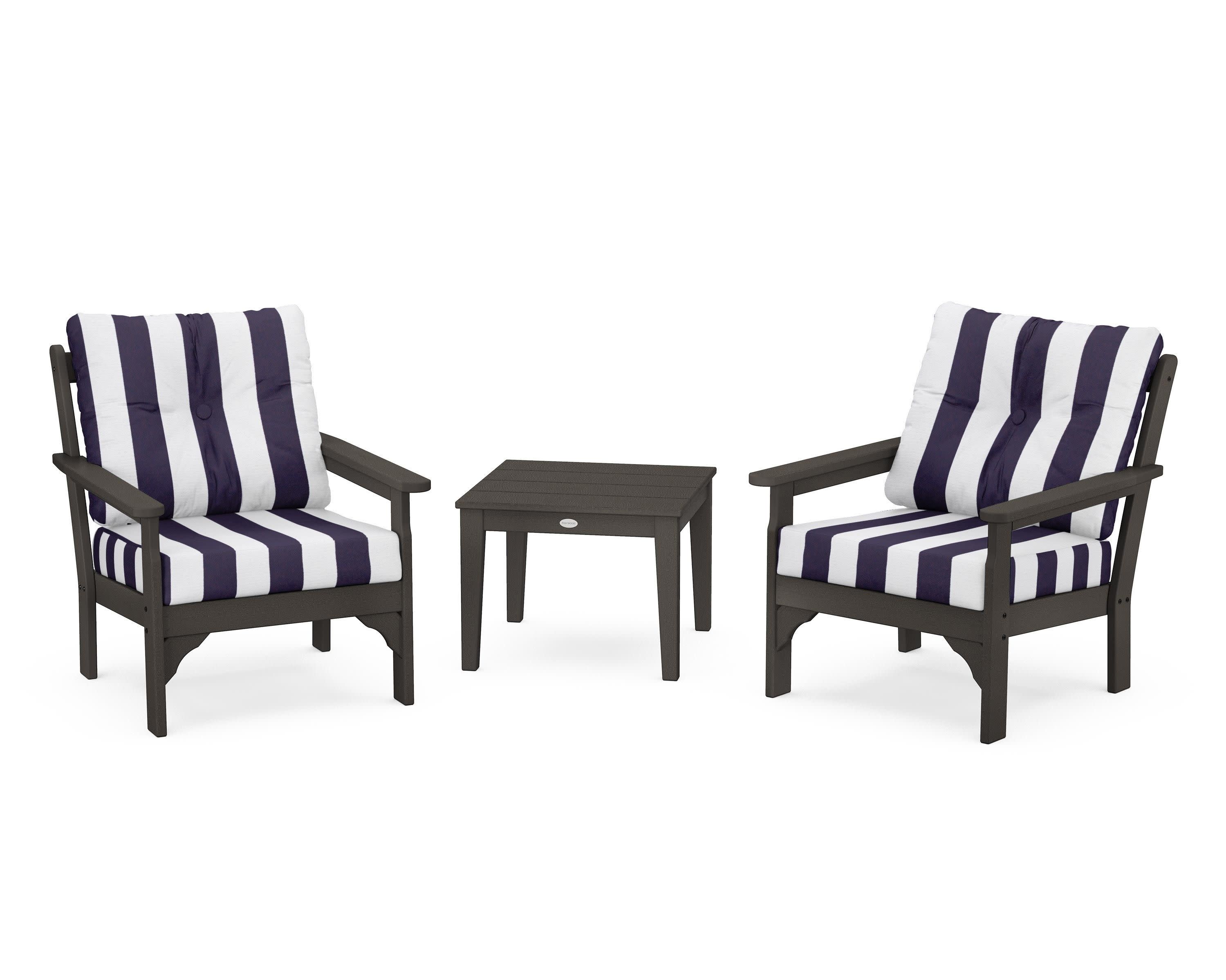 Vineyard 3-Piece Deep Seating Set in Vintage Coffee / Cabana Stripe Navy