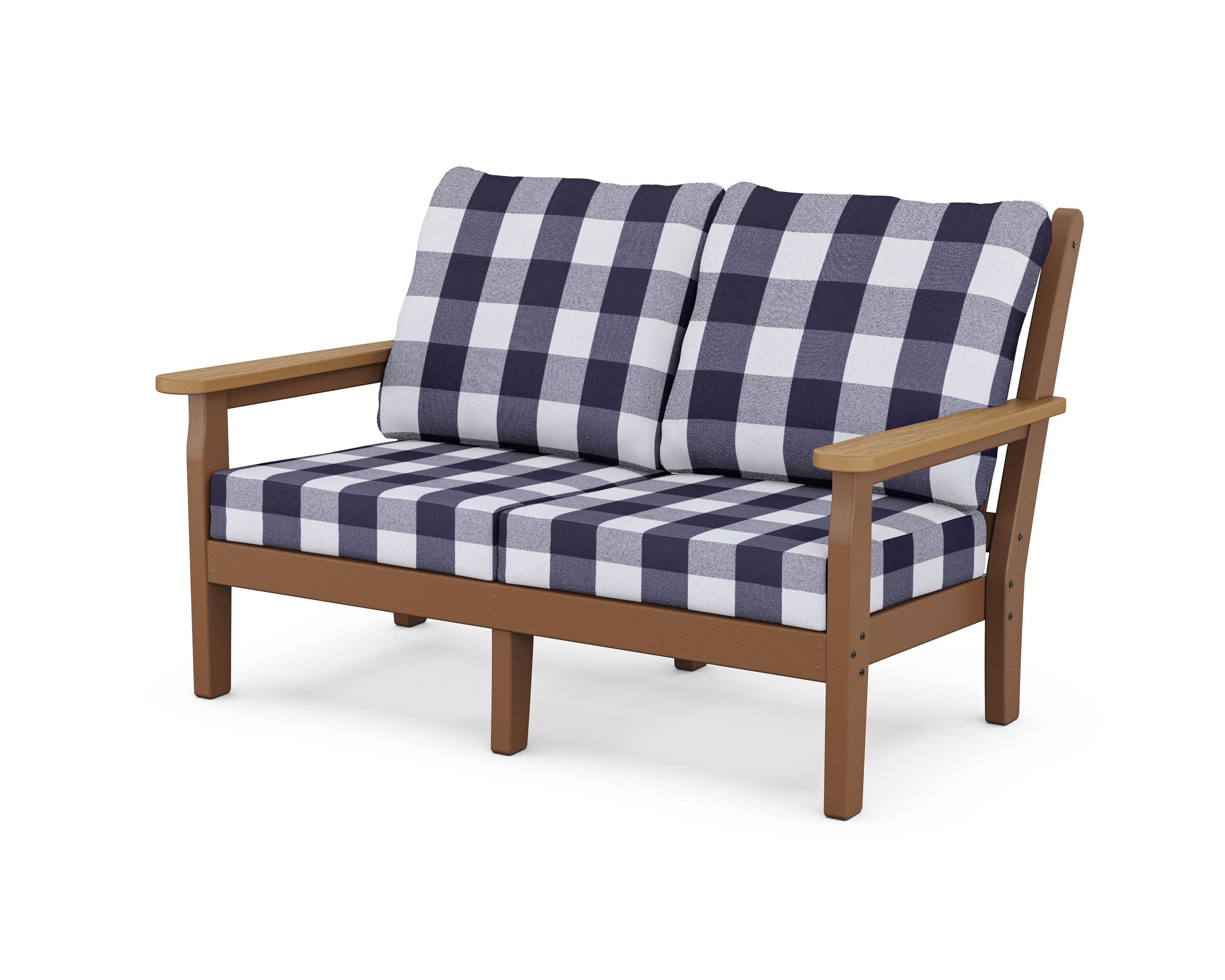 Chippendale Deep Seating Loveseat in Teak / Natural / Buffalo Plaid Navy