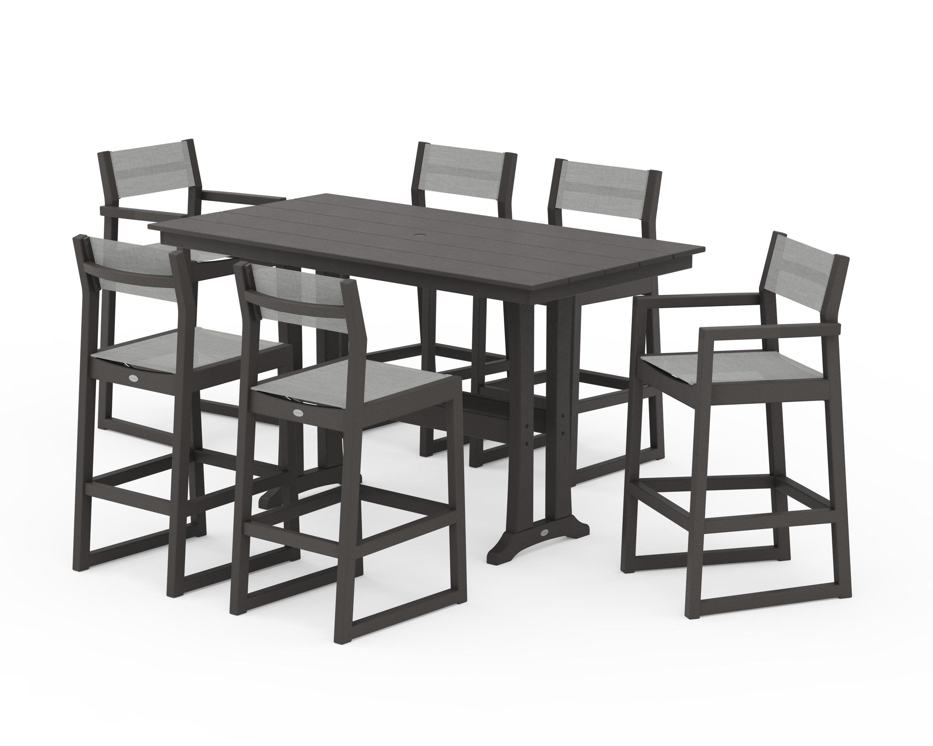 EDGE Sling 7-Piece Farmhouse Bar Set with Trestle Legs in Vintage Coffee / Metallic Sling
