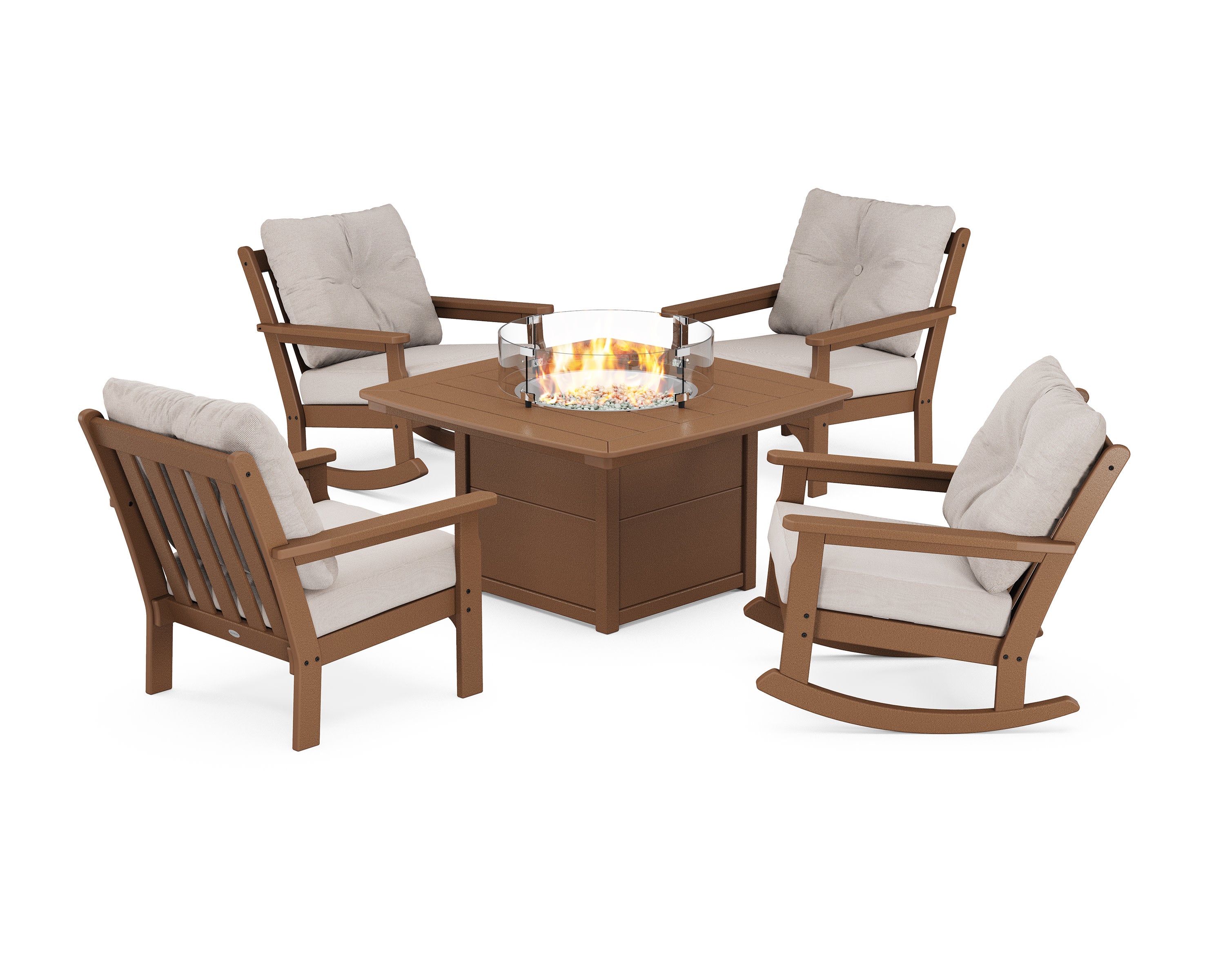 Vineyard 5-Piece Deep Seating Rocking Chair Conversation Set with Fire Pit Table in Teak / Dune Burlap