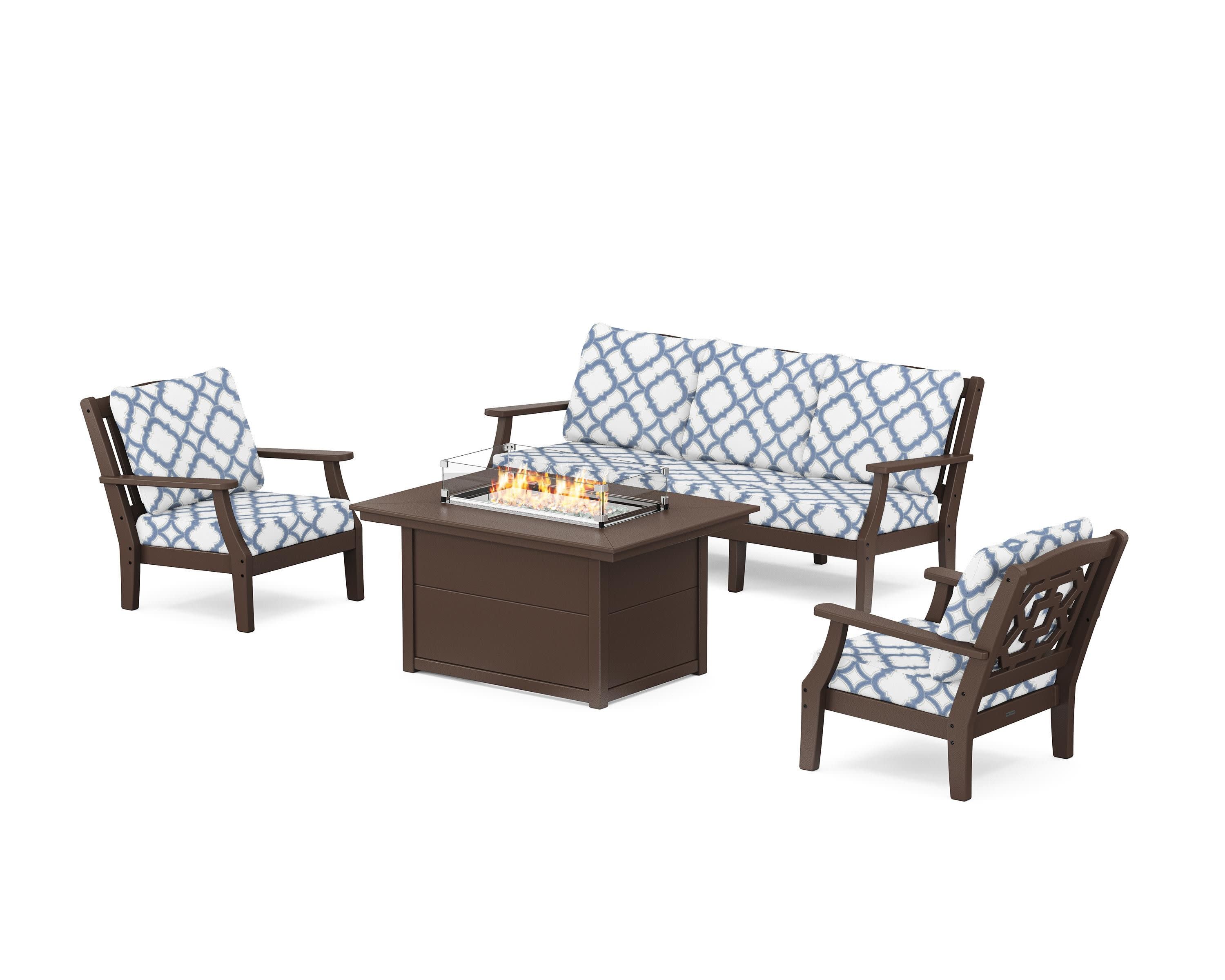 Chinoiserie Deep Seating Fire Pit Table Set in Mahogany / Trellis Sky Blue