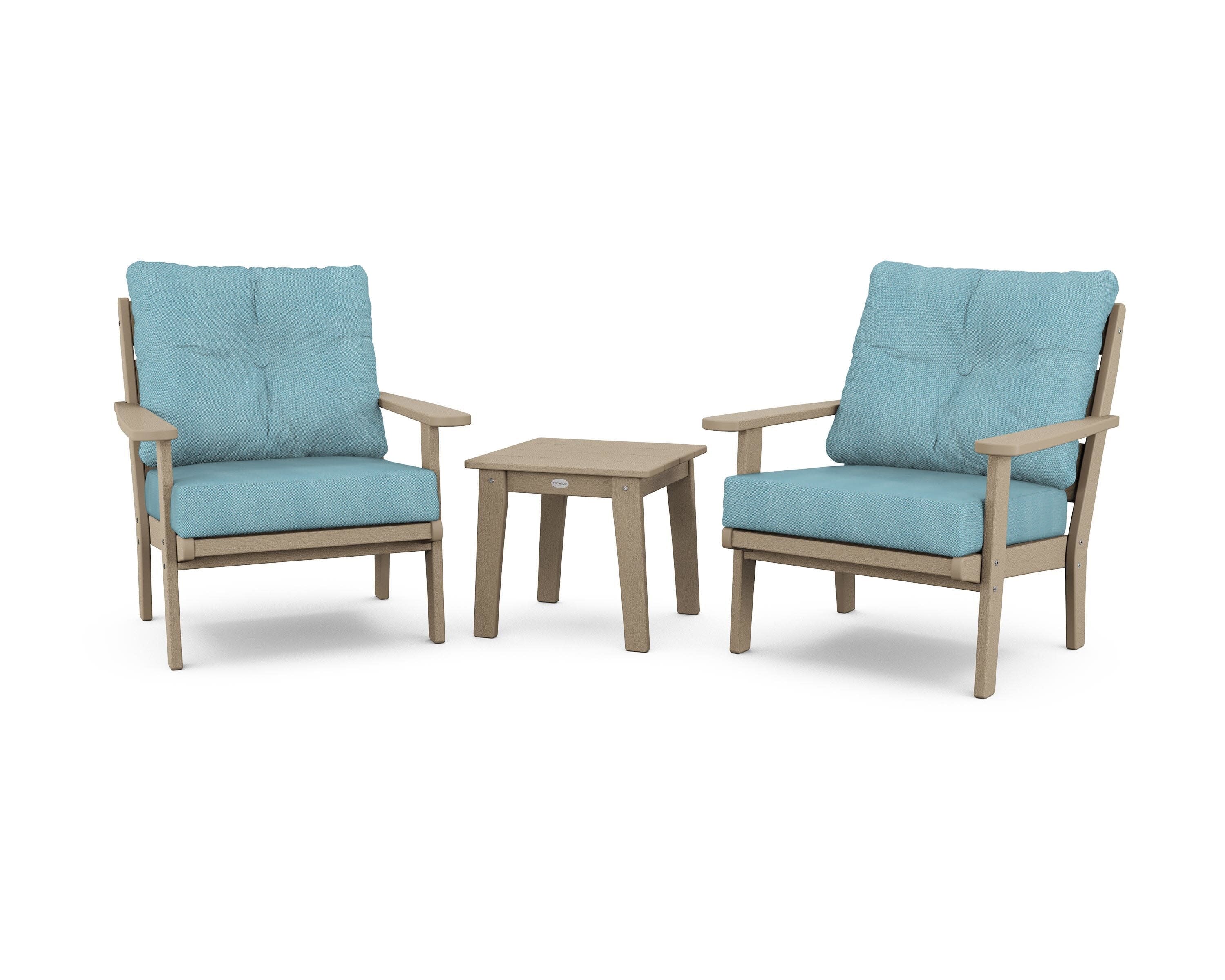 Lakeside 3-Piece Deep Seating Chair Set in Vintage Sahara / Lattice Sky Blue
