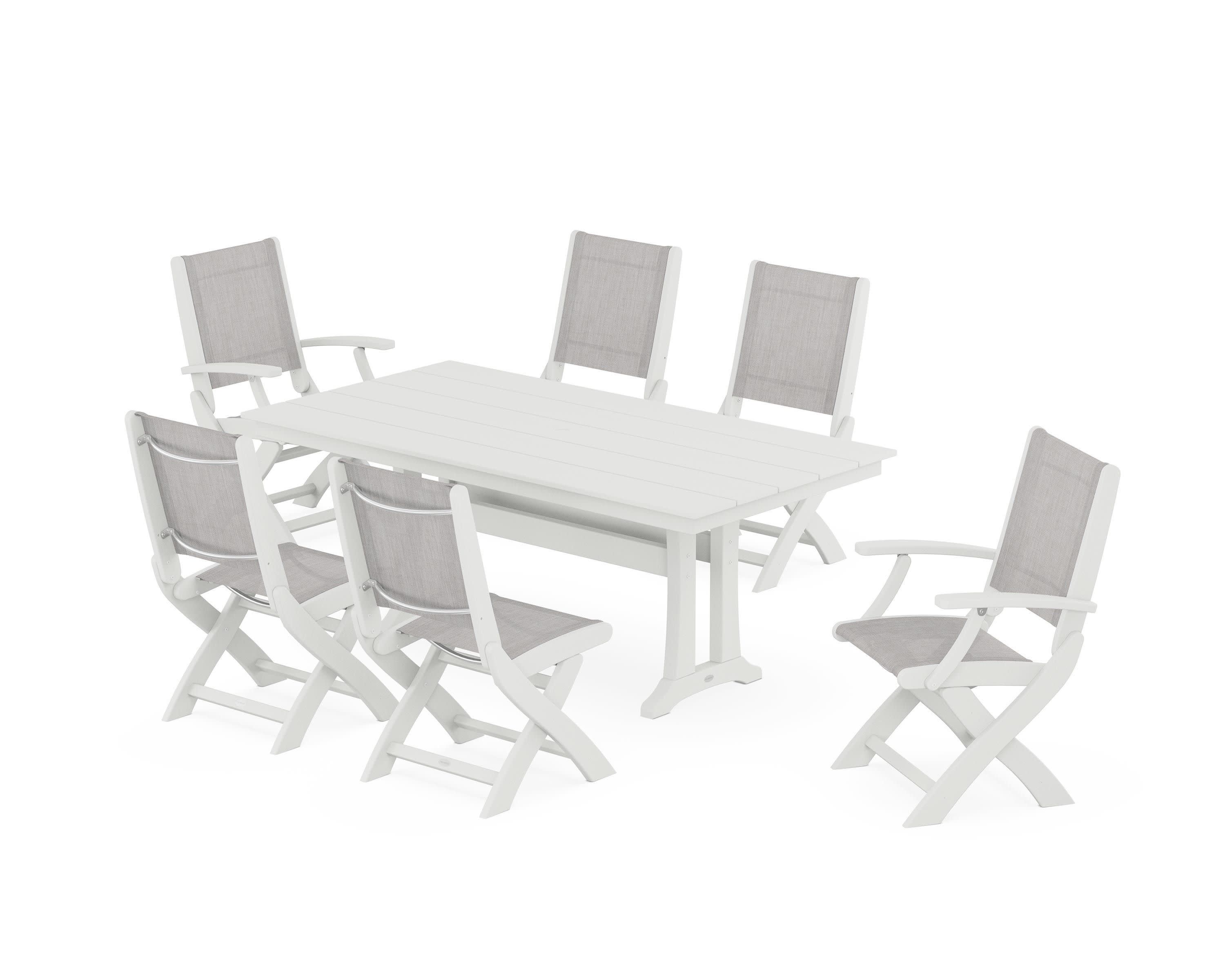 Coastal Folding Chair 7-Piece Farmhouse Dining Set with Trestle Legs in Vintage White / Parchment Sling