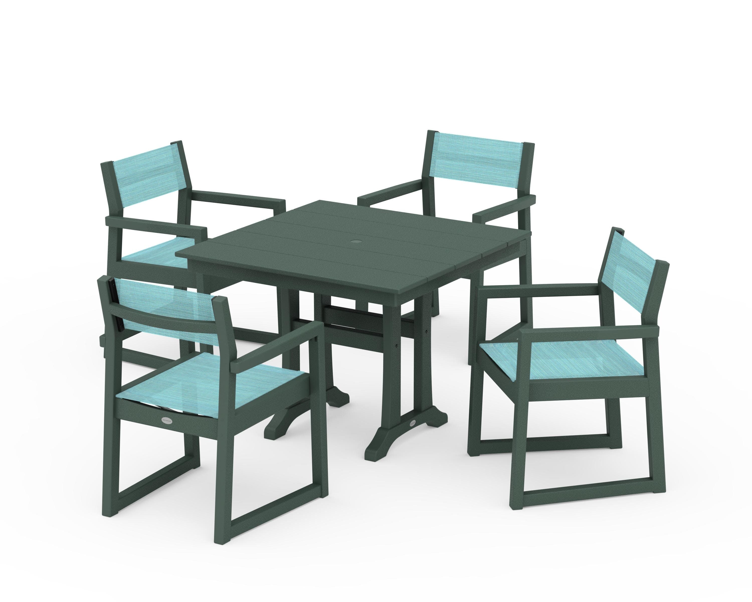 EDGE Sling 5-Piece Farmhouse Dining Set with Trestle Legs in Green / Dupioni Aquamarine Sling