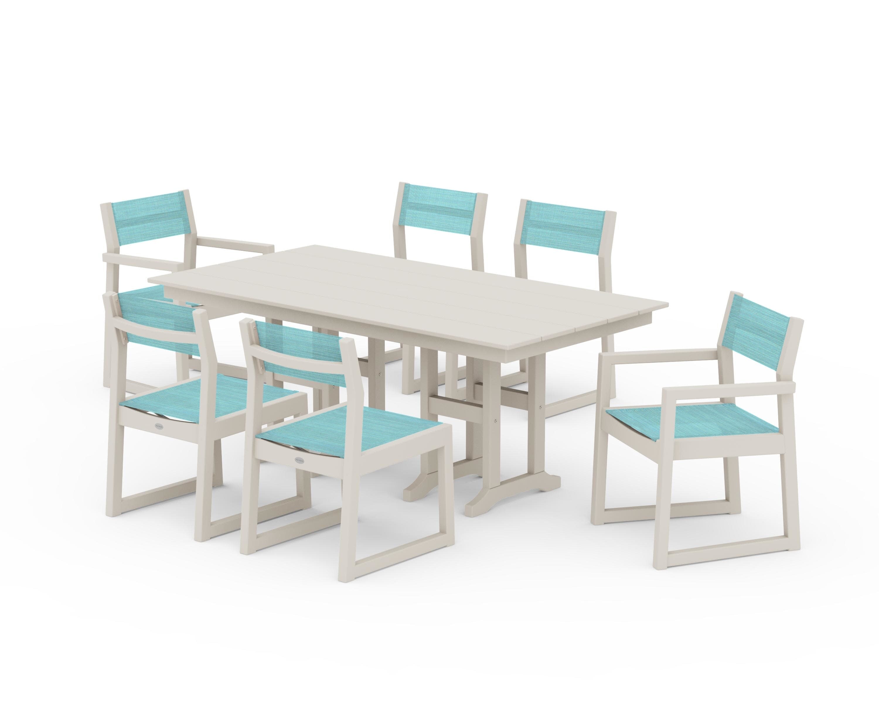 EDGE Sling 7-Piece Farmhouse Dining Set in Sand / Dupioni Aquamarine Sling