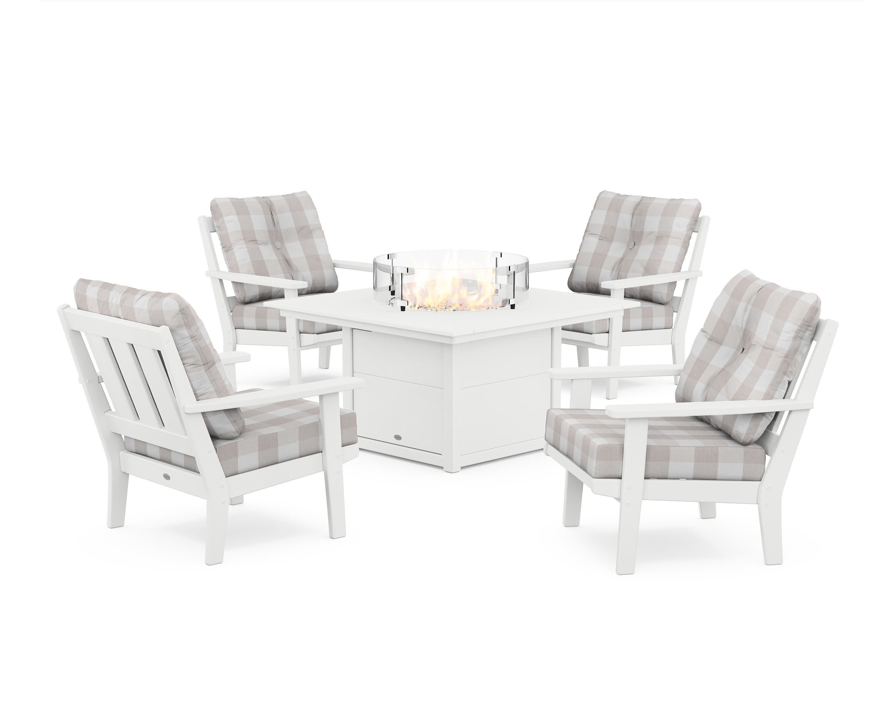 Oxford 5-Piece Deep Seating Set with Fire Pit Table in White / Buffalo Plaid Dune Burlap