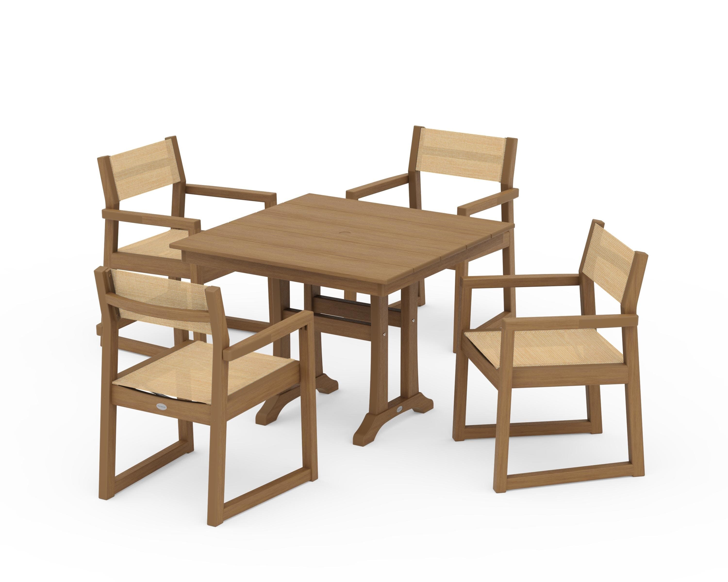 EDGE Sling 5-Piece Farmhouse Dining Set with Trestle Legs in Natural / Dupioni Apricot Sling
