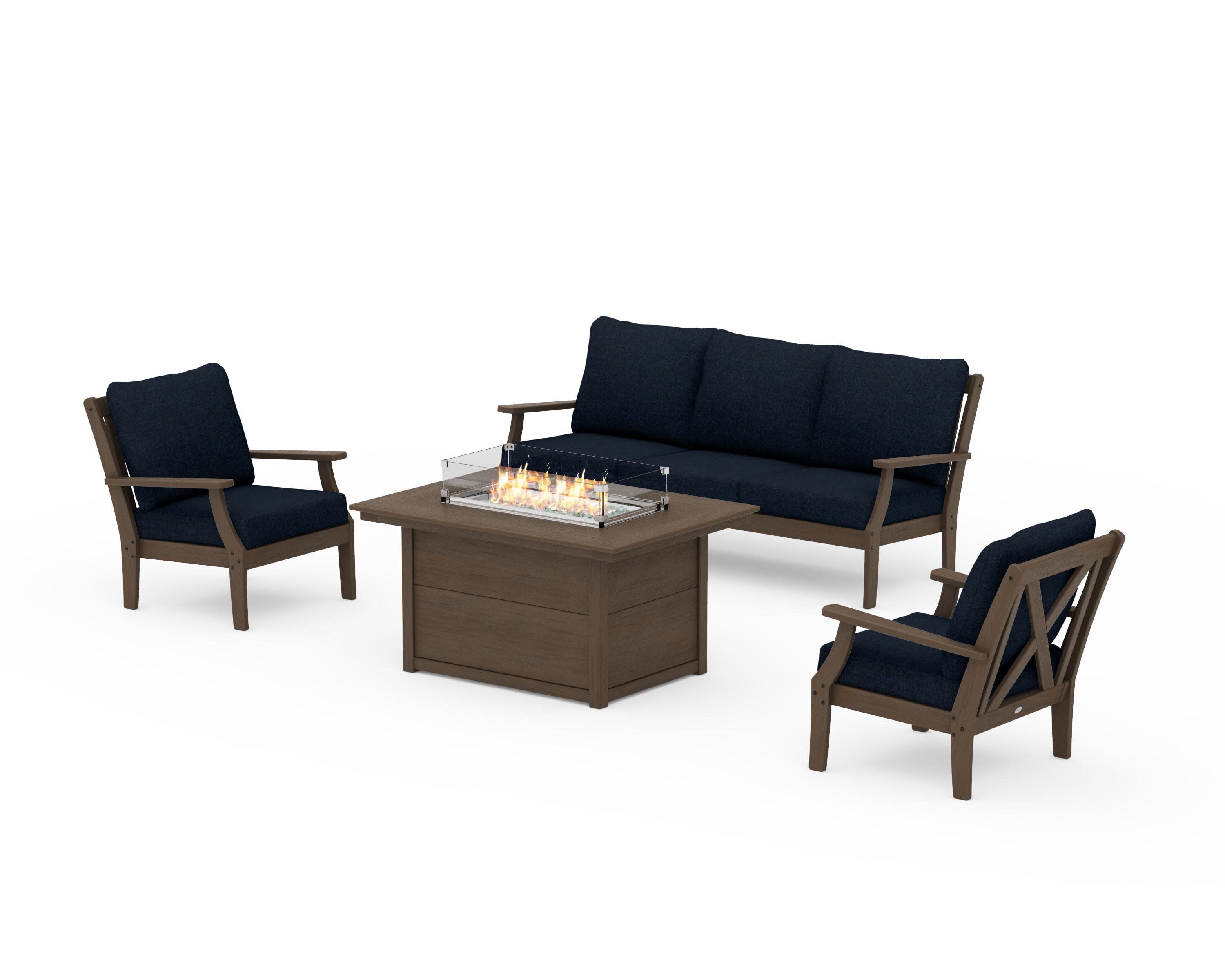 Braxton Deep Seating Fire Pit Table Set in Kona / Marine Indigo