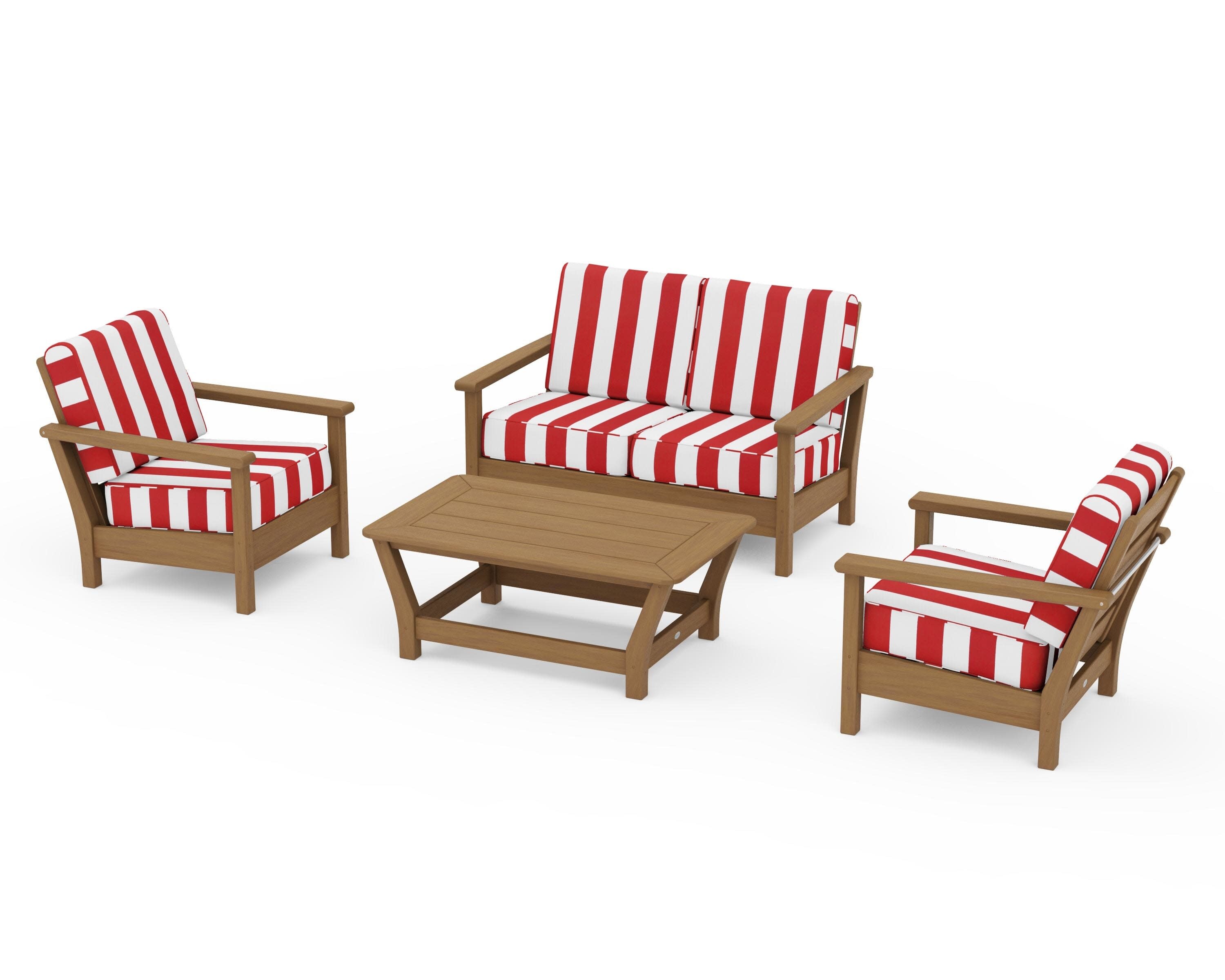 Harbour 4-Piece Deep Seating Set in Natural / Cabana Stripe Crimson