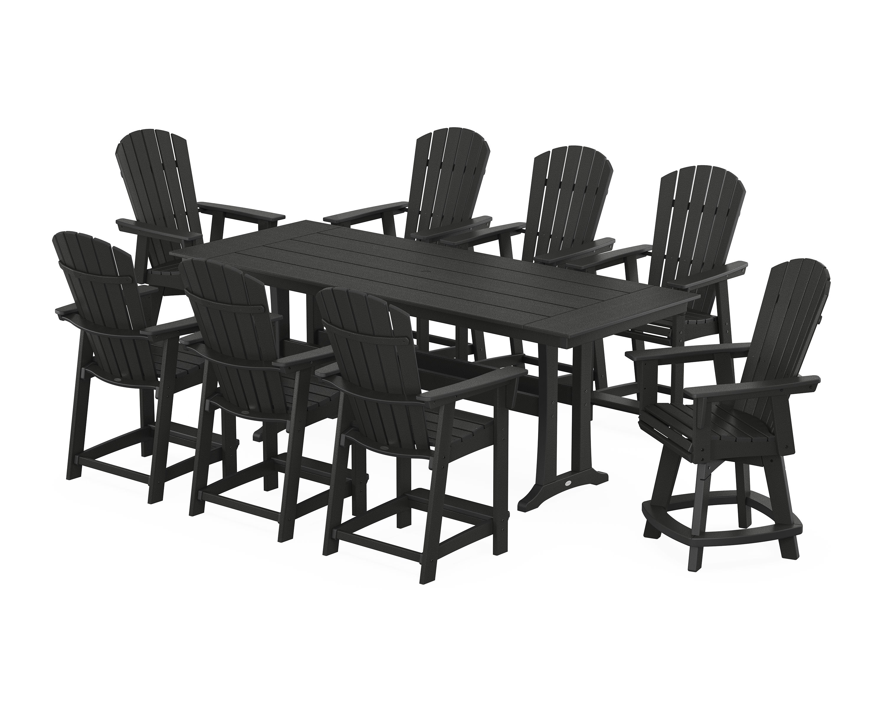Nautical Curveback Adirondack Swivel Chair 9-Piece Farmhouse Counter Set with Trestle Legs in Black