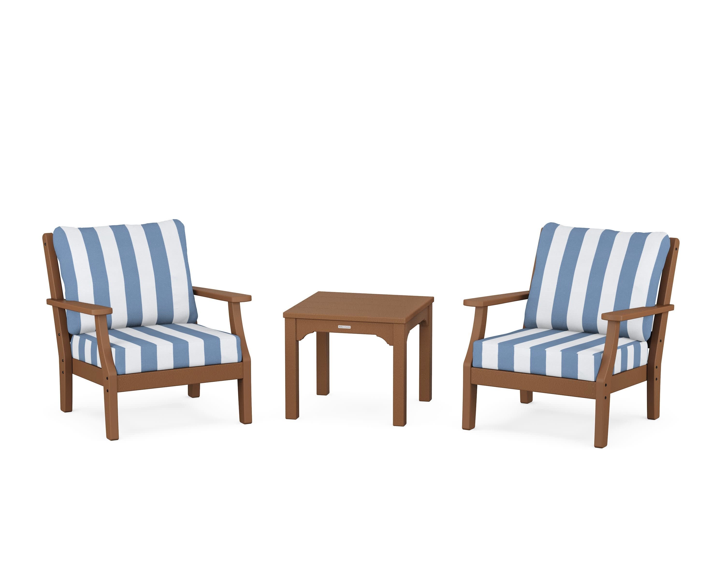 Chinoiserie 3-Piece Deep Seating Set in Teak / Cabana Stripe Sky Blue