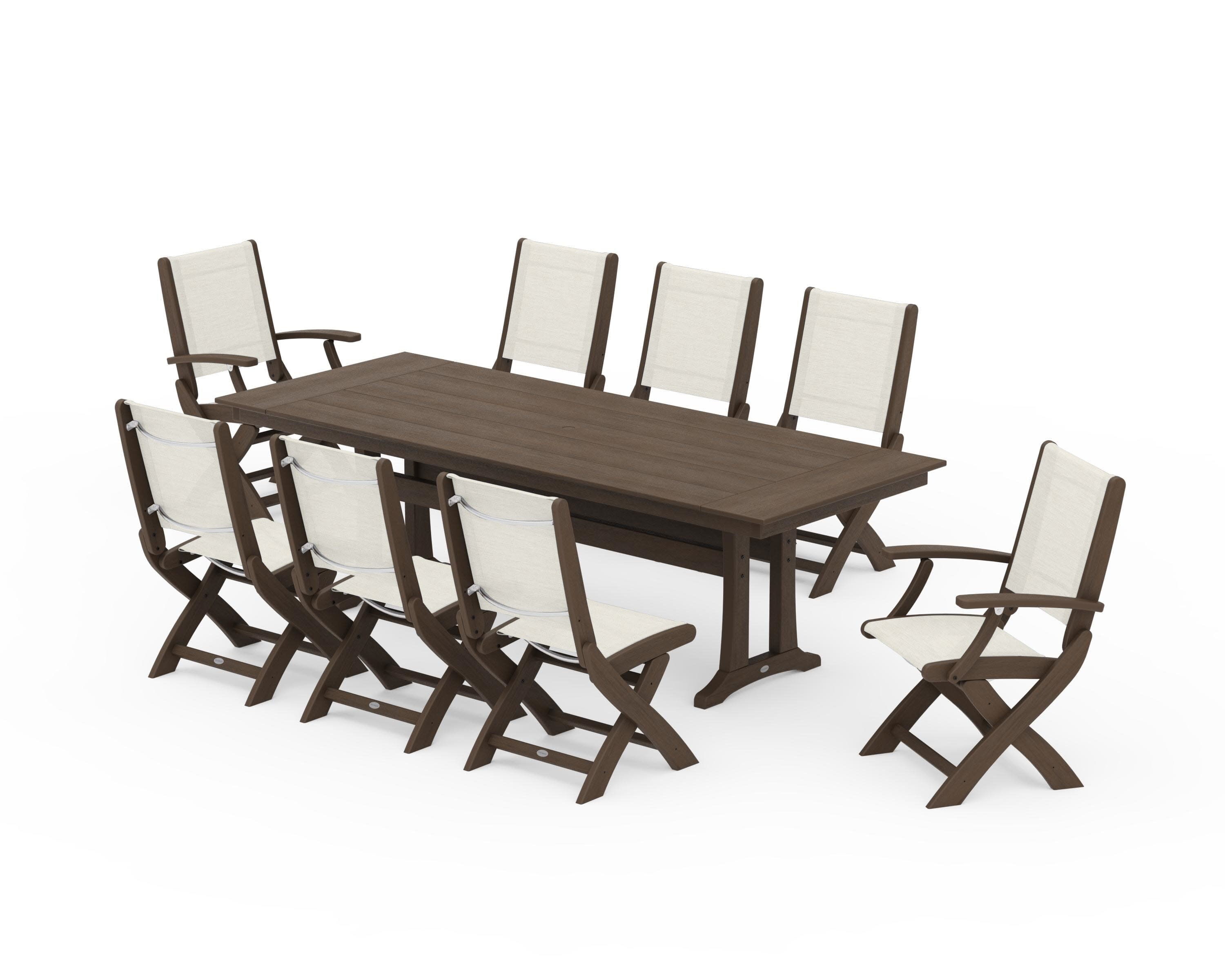 Coastal 9-Piece Folding Dining Chair Farmhouse Dining Set with Trestle Legs in Kona / Parchment Sling