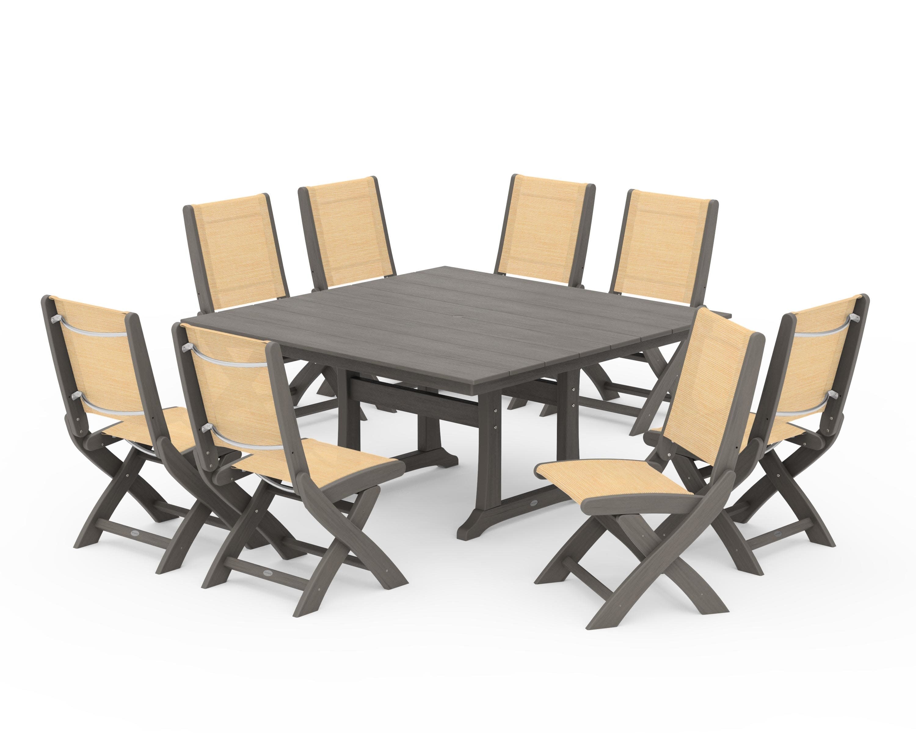 Coastal Folding Side Chair 9-Piece Farmhouse Dining Set in Driftwood / Dupioni Apricot Sling