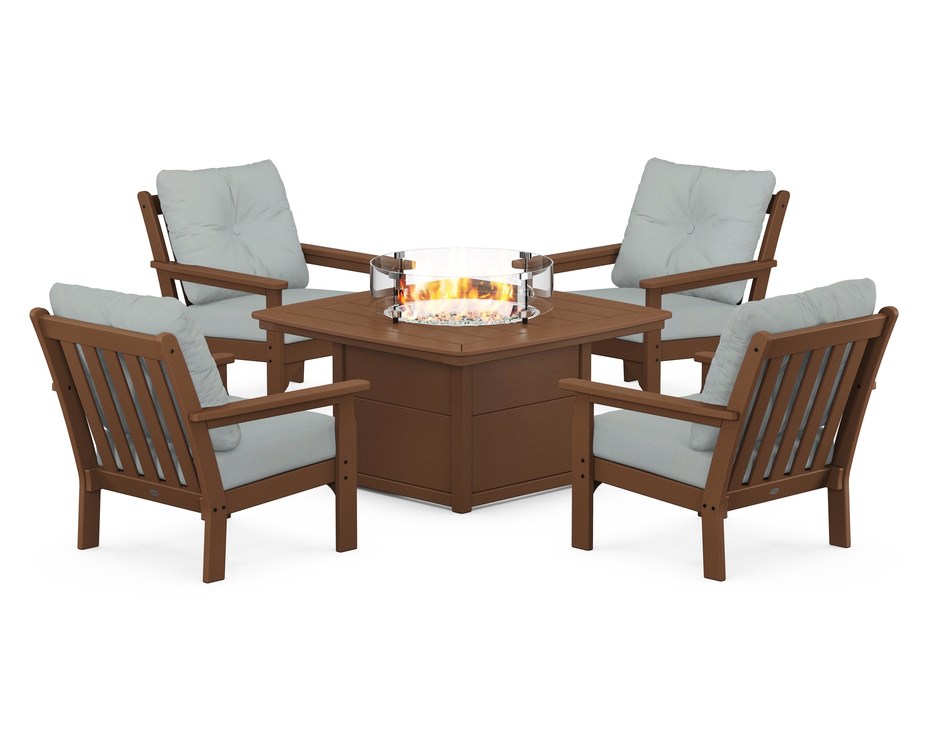 Vineyard 5-Piece Conversation Set with Fire Pit Table in Teak / Spa